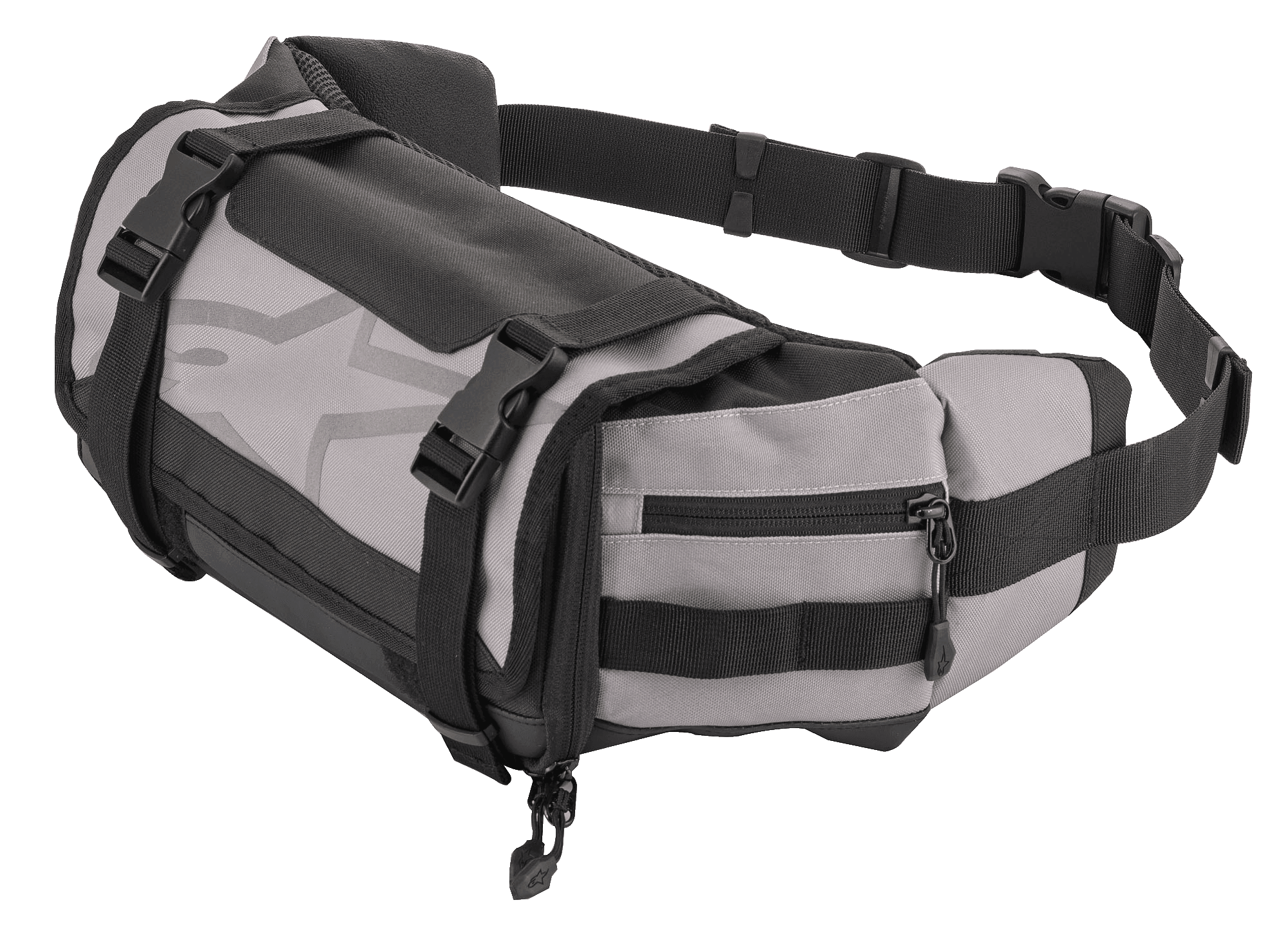 Alpinestars Tech Tool Pack, riñonera de enduro gris y negra, almacenamiento de herramientas para moto, correas ajustables con hebillas de plástico, logo de estrella grande, construcción de tejido resistente y diseño compacto