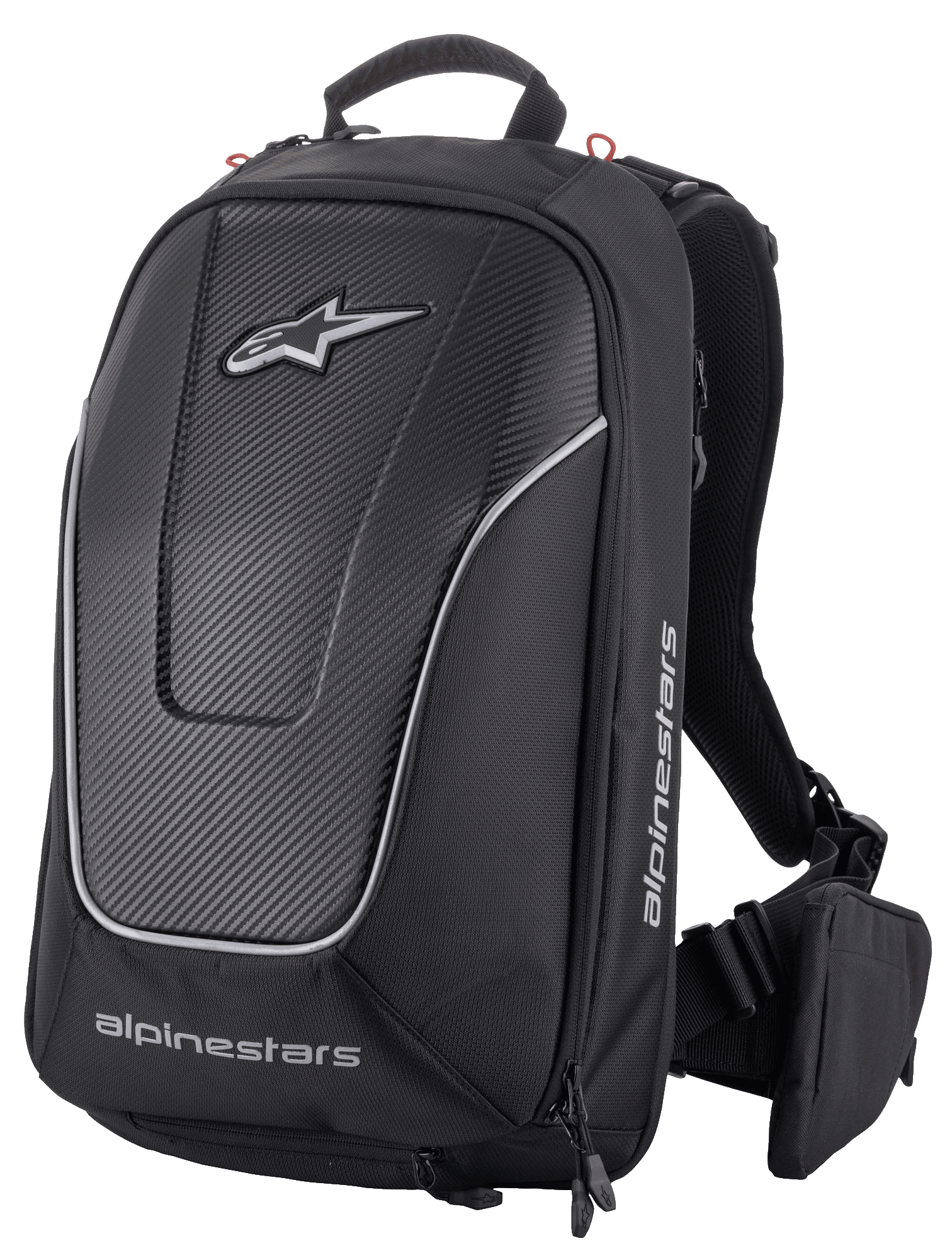 Alpinestars Charger Pro Backpack, negra, mochila para moto semirrígida y aerodinámica, panel frontal con textura de fibra de carbono y ribetes plateados reflectantes, logotipos de Alpinestars en blanco, correas acolchadas para los hombros y bolsa de cinturón desmontable, diseño deportivo