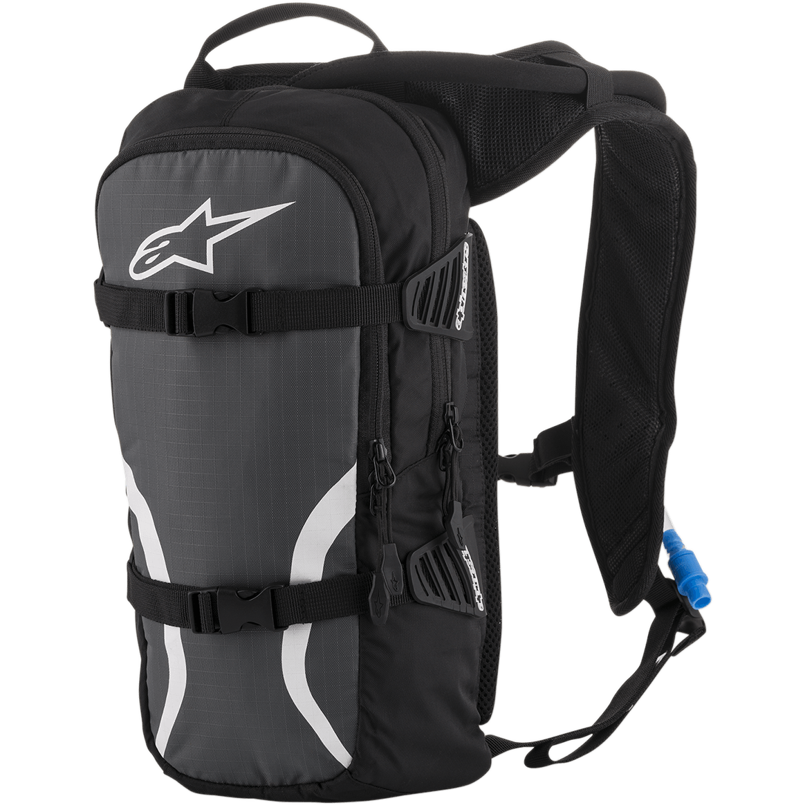 Alpinestars Iguana Hydration Backpack, mochila de hidratación para off-road, negro antracita y blanco, con tirantes acolchados de malla, correas de compresión frontales con hebillas, compartimentos con cremallera y tubo de hidratación azul con boquilla