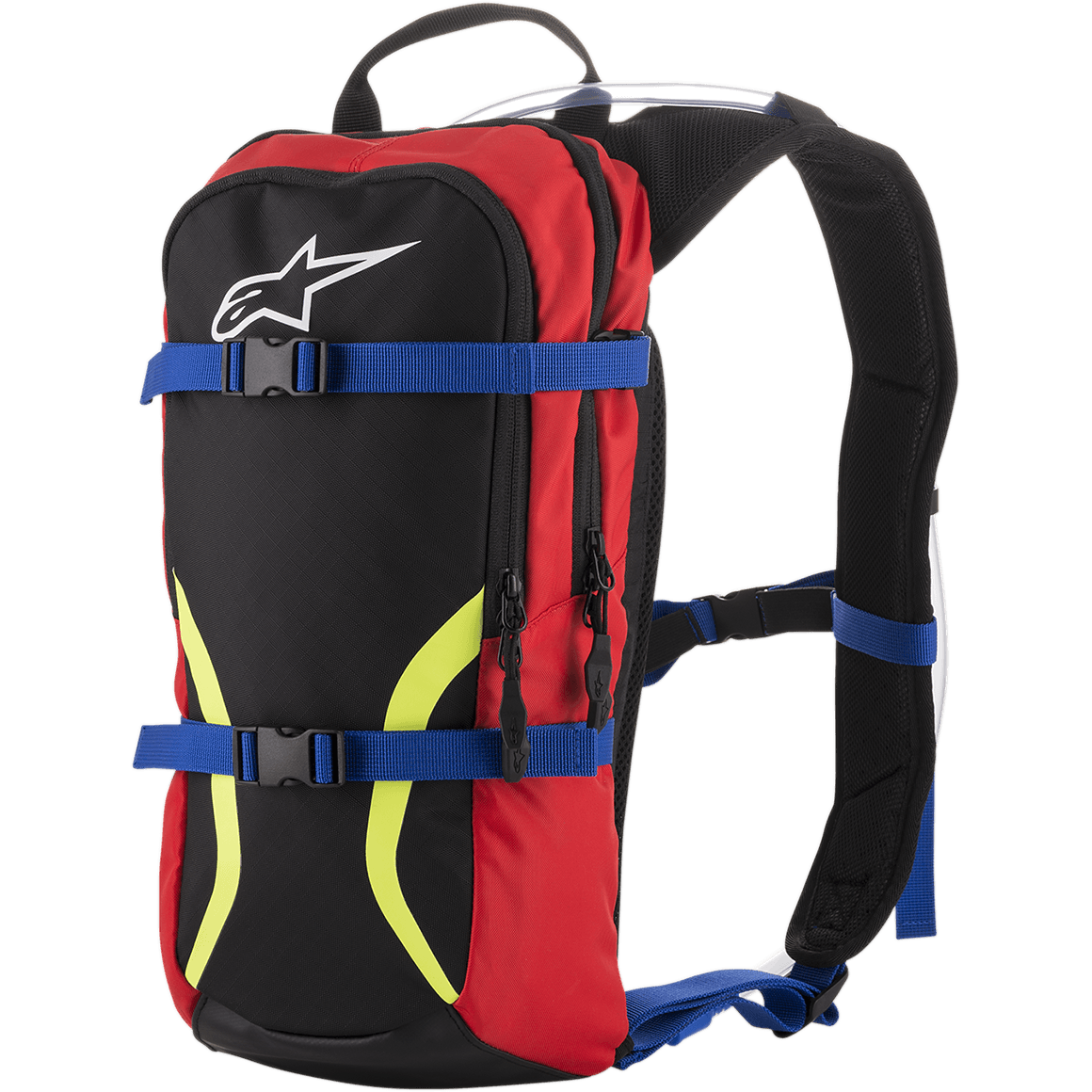 Mochila de hidratación Alpinestars Iguana, mochila para motocross y conducción off-road, negra y roja con correas azules y gráficos en amarillo fluorescente, logotipo de Alpinestars en blanco, dos compartimentos con cremallera, correas de hombros acolchadas con tubo de hidratación visible