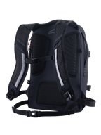 Alpinestars AMP-7 Backpack, Technical Motorcycle Riding Backpack, Black, rear view featuring ergonomic ventilated padded shoulder straps, breathable mesh back panel, chest strap, and waist harness system