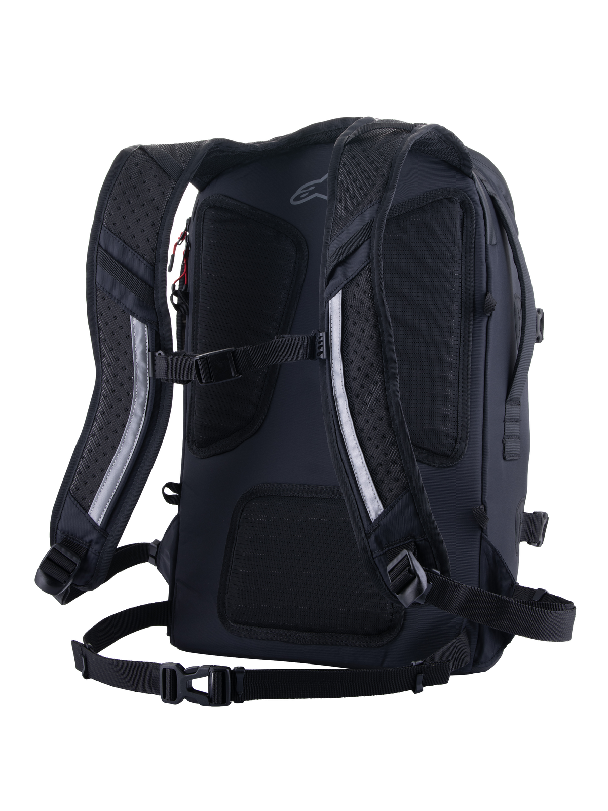 Alpinestars AMP-7 Backpack, Technical Motorcycle Riding Backpack, Black, rear view featuring ergonomic ventilated padded shoulder straps, breathable mesh back panel, chest strap, and waist harness system