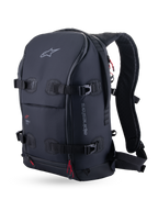 Alpinestars AMP-7 Backpack, Technical Motorcycle Touring Backpack, Black, Front Three-Quarter View Featuring Four Load Compression Straps, Ergonomic Padded Shoulder Straps, and Red Accent Pulls.