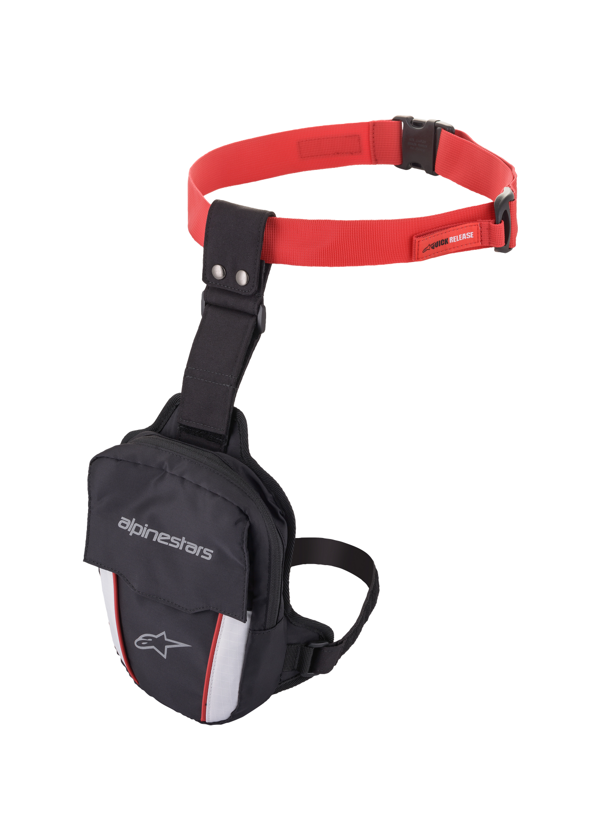 Alpinestars Access Thigh Bag, bolsa de pierna para moto, negra, roja y blanca, con una correa ajustable roja para la cintura con hebilla de liberación rápida, correa negra para el muslo, logotipo de Alpinestars en la solapa frontal y paneles blancos reflectantes con detalles rojos para mayor visibilidad.