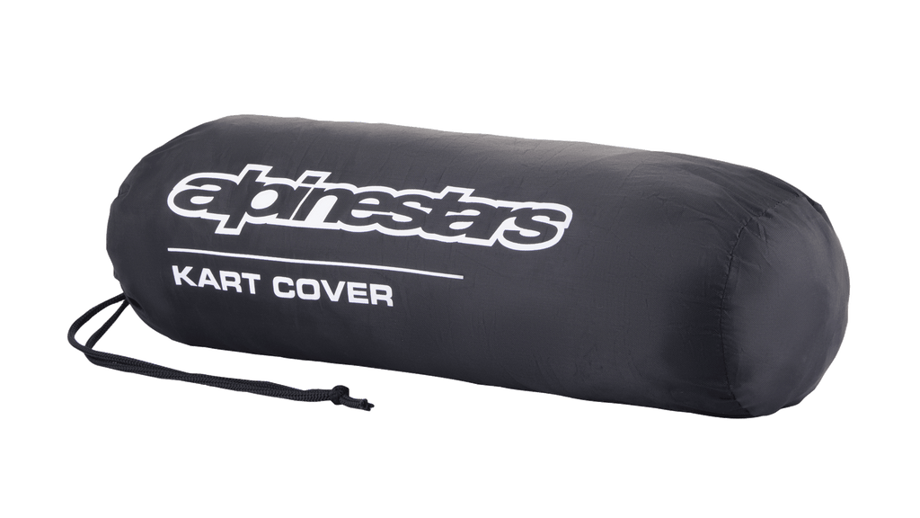 Bolsa de almacenamiento de la funda para kart de Alpinestars, negra, con logotipo blanco de Alpinestars y texto 'KART COVER', forma cilíndrica con cierre de cordón, diseño compacto y portátil para equipamiento de automovilismo