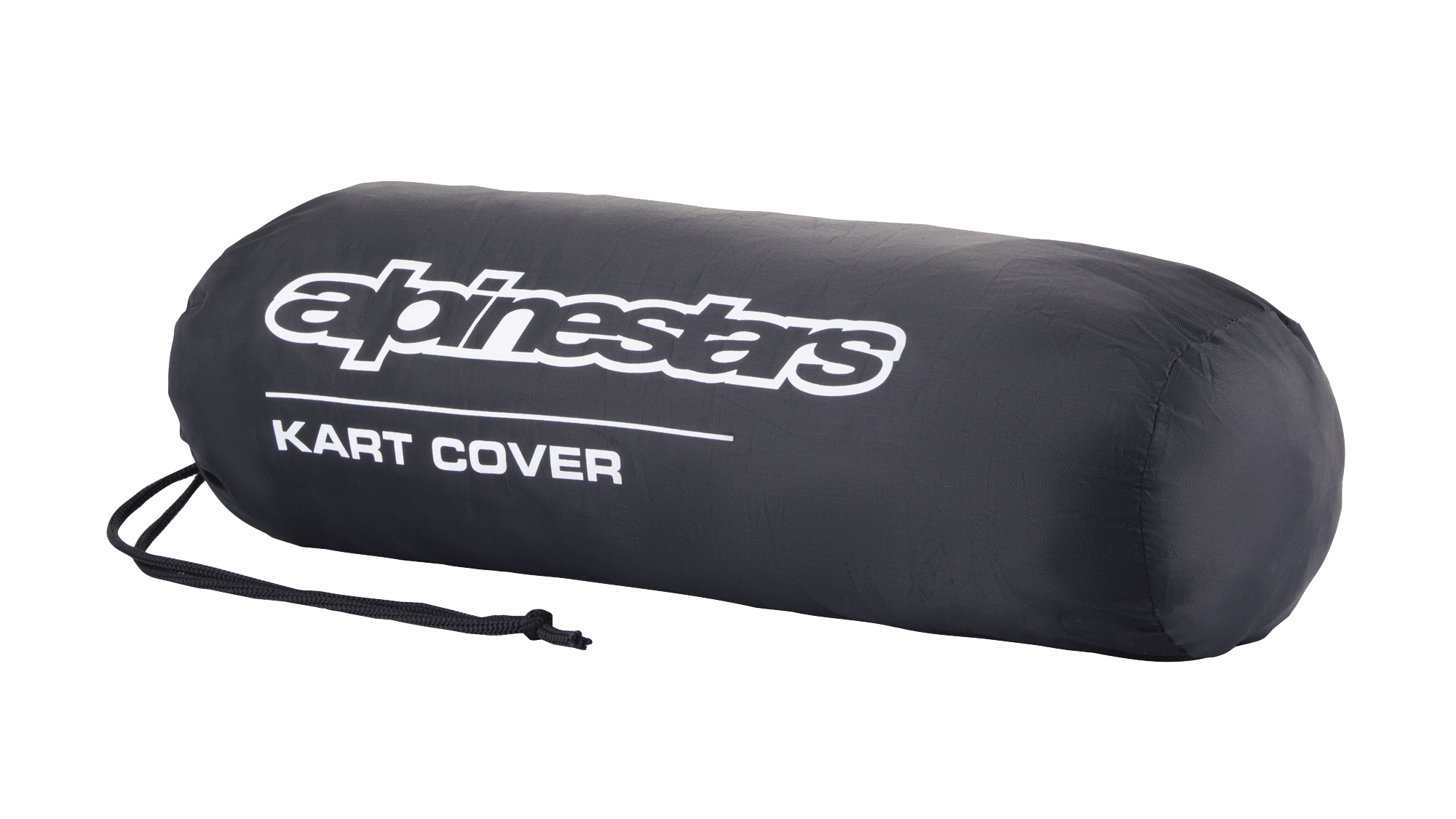 Bolsa de almacenamiento de la funda para kart de Alpinestars, negra, con logotipo blanco de Alpinestars y texto 'KART COVER', forma cilíndrica con cierre de cordón, diseño compacto y portátil para equipamiento de automovilismo