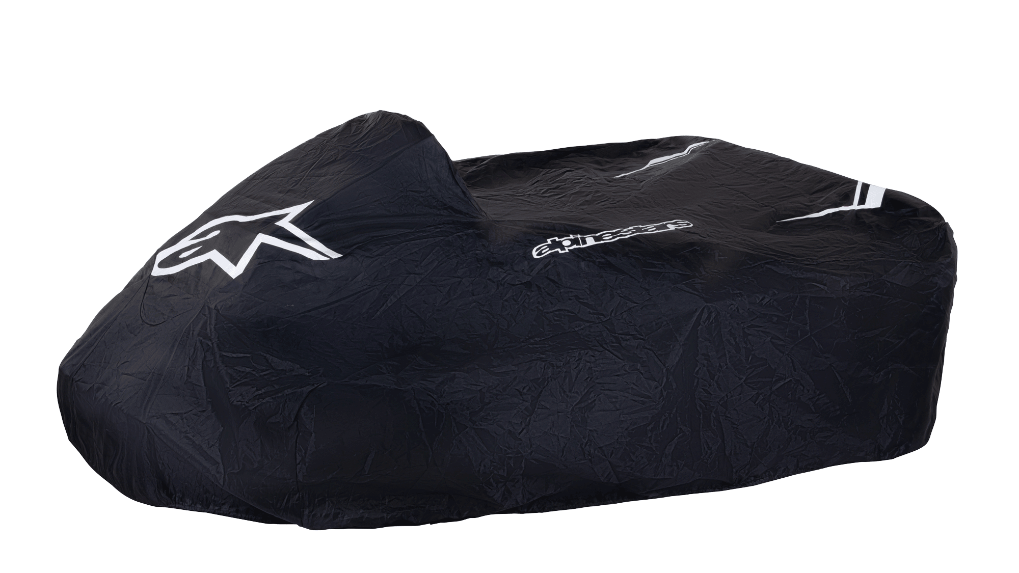 Alpinestars Kart Cover, negra, con logotipo de estrella y nombre de Alpinestars en blanco, cubierta protectora para kart, tejido duradero resistente a la intemperie con detalles de rayas blancas, diseño estructurado para protección en el paddock