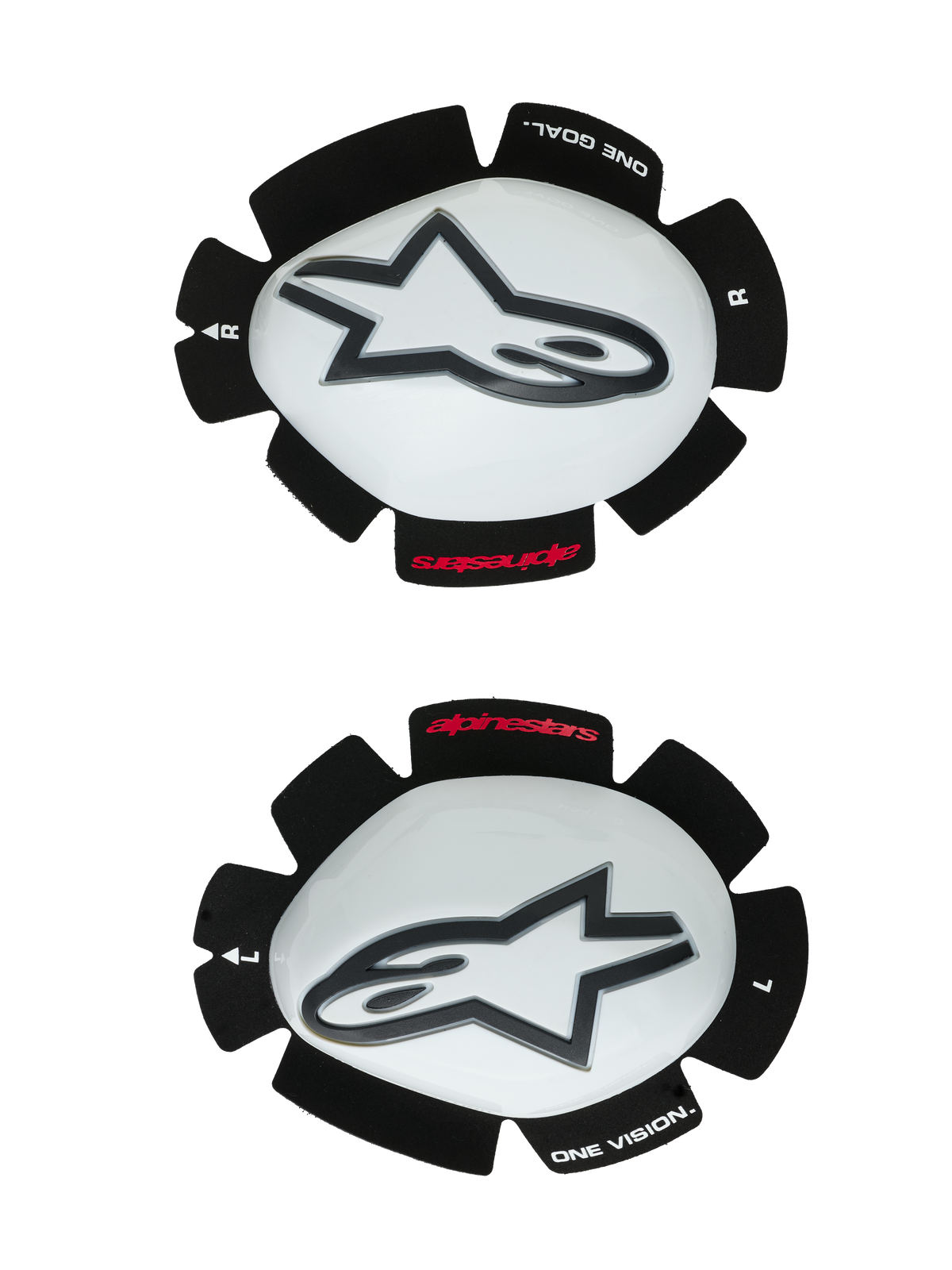Alpinestars GP Tech Knee Sliders, protectores de rodilla para moto, blanco y negro, juego de deslizadores izquierdo y derecho con carcasas de plástico blanco y logos Astar negros, reverso de velcro con el texto 'ONE GOAL ONE VISION', equipo de competición de alto rendimiento