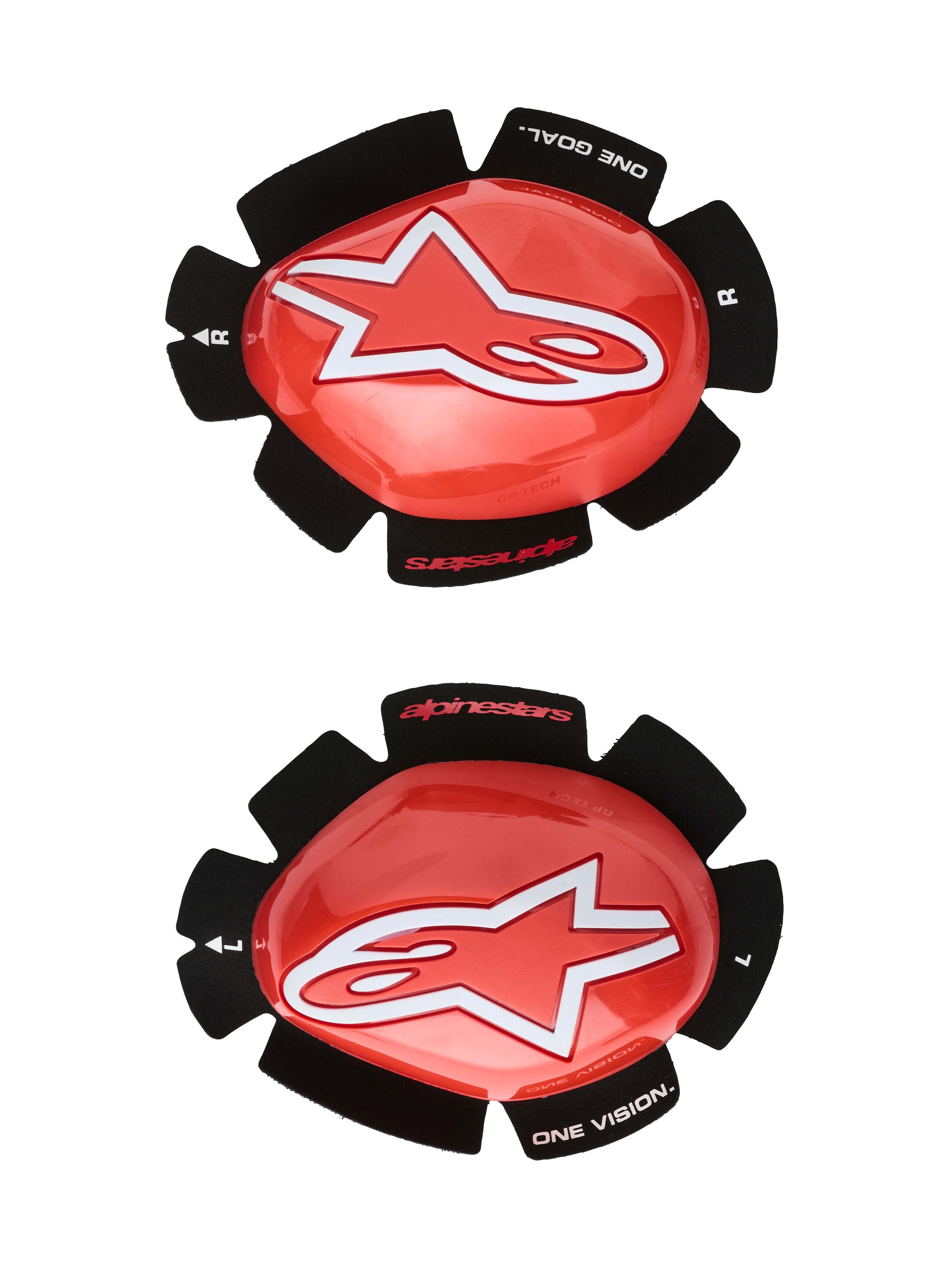 Deslizadores de rodilla Alpinestars GP Tech, rojos y blancos, protectores de rodilla para carreras de moto, con un gran logotipo de estrella blanca sobre plástico rojo brillante, texto 'ONE GOAL. ONE VISION.' en la base de velcro negro con forma de pétalo, par izquierdo y derecho para uso en pista