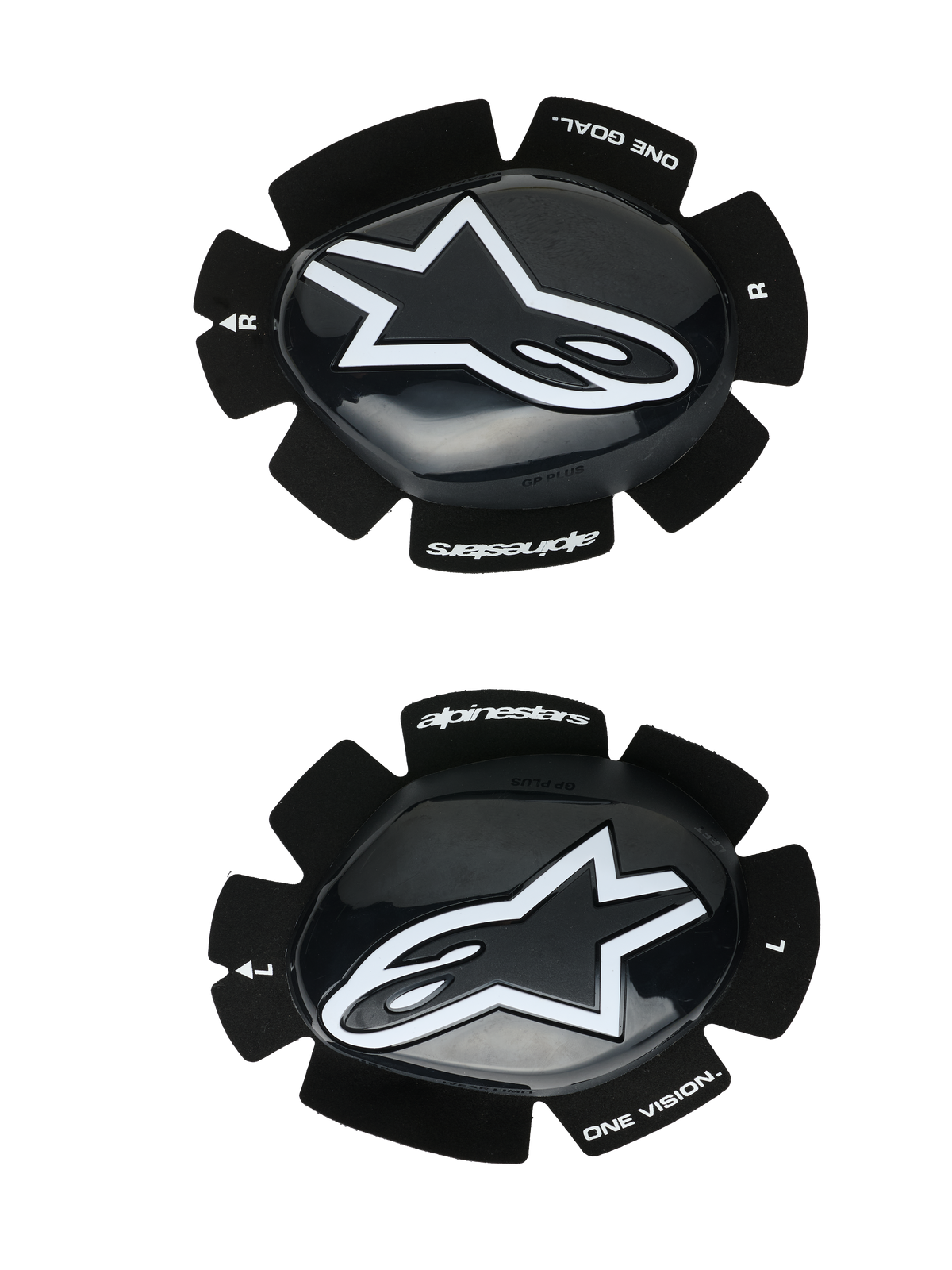 Alpinestars GP Plus Knee Sliders, Motorcycle Racing Knee Pucks, Black and White, glossy finish with white star logo, velcro attachment system, featuring "One Goal One Vision" branding, left and right set