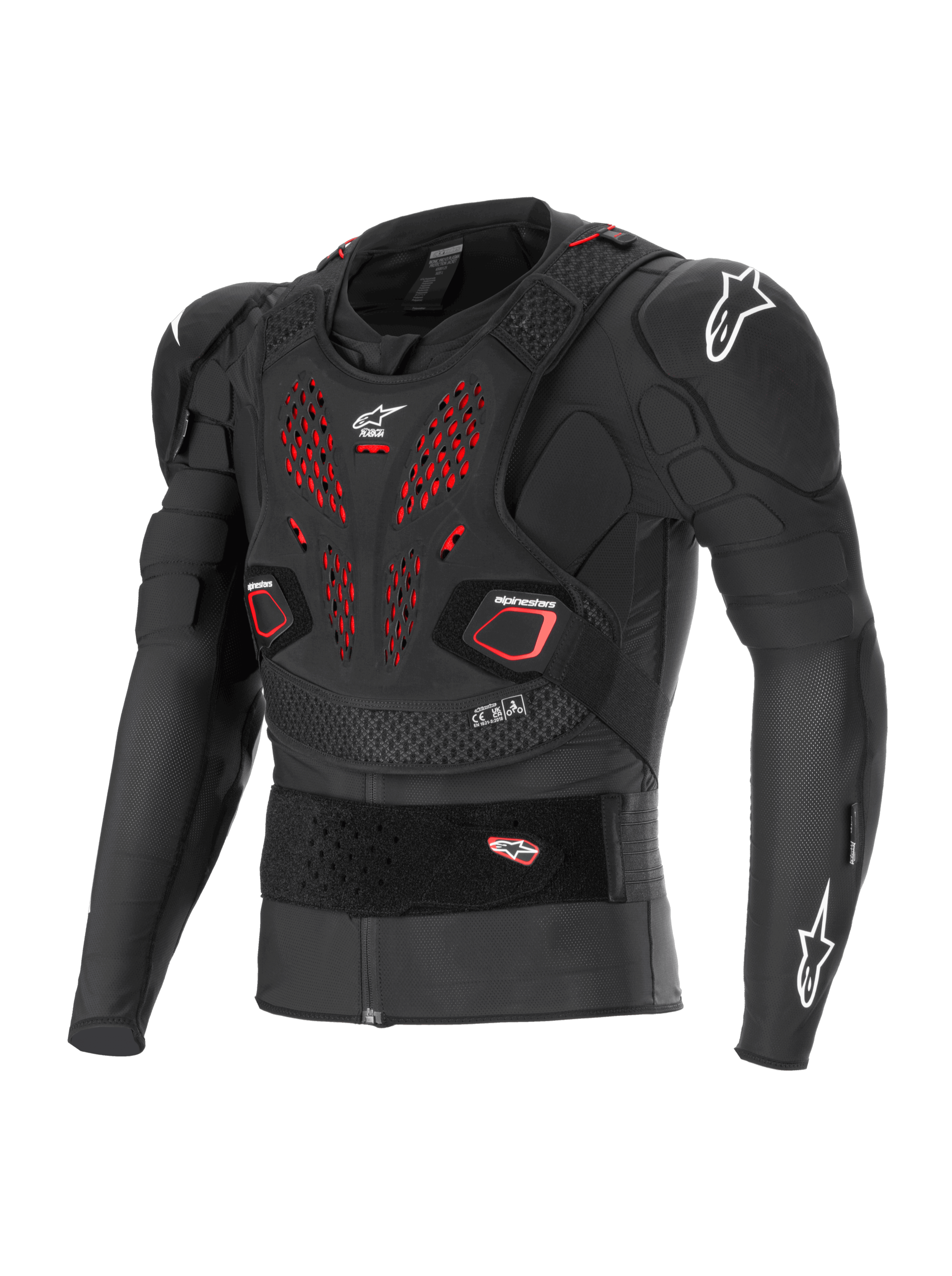 Alpinestars Bionic Pro V3 Plasma Protection Jacket, armadura corporal para motociclismo off-road, negra con detalles de ventilación rojos en el pecho, logotipos Alpinestars blancos en hombros y pecho, con protectores Nucleon PLASMA integrados en codos y hombros, placa pectoral flotante y cinturón elástico ajustable, confección en malla transpirable para motocross