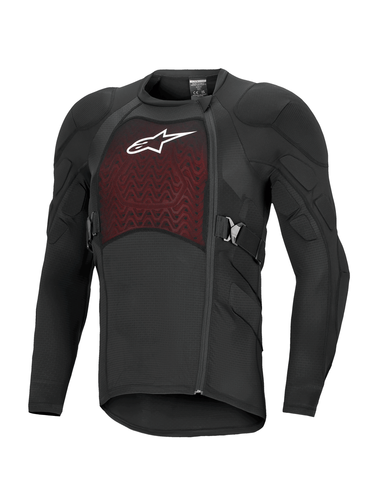 Alpinestars Bionic Plasma LT Protection Jacket de manga larga, negra y roja, equipo de protección para motociclismo off-road con hombros y codos acolchados, panel de malla transpirable en el pecho con logo blanco, cremallera lateral desplazada y correas laterales ajustables.
