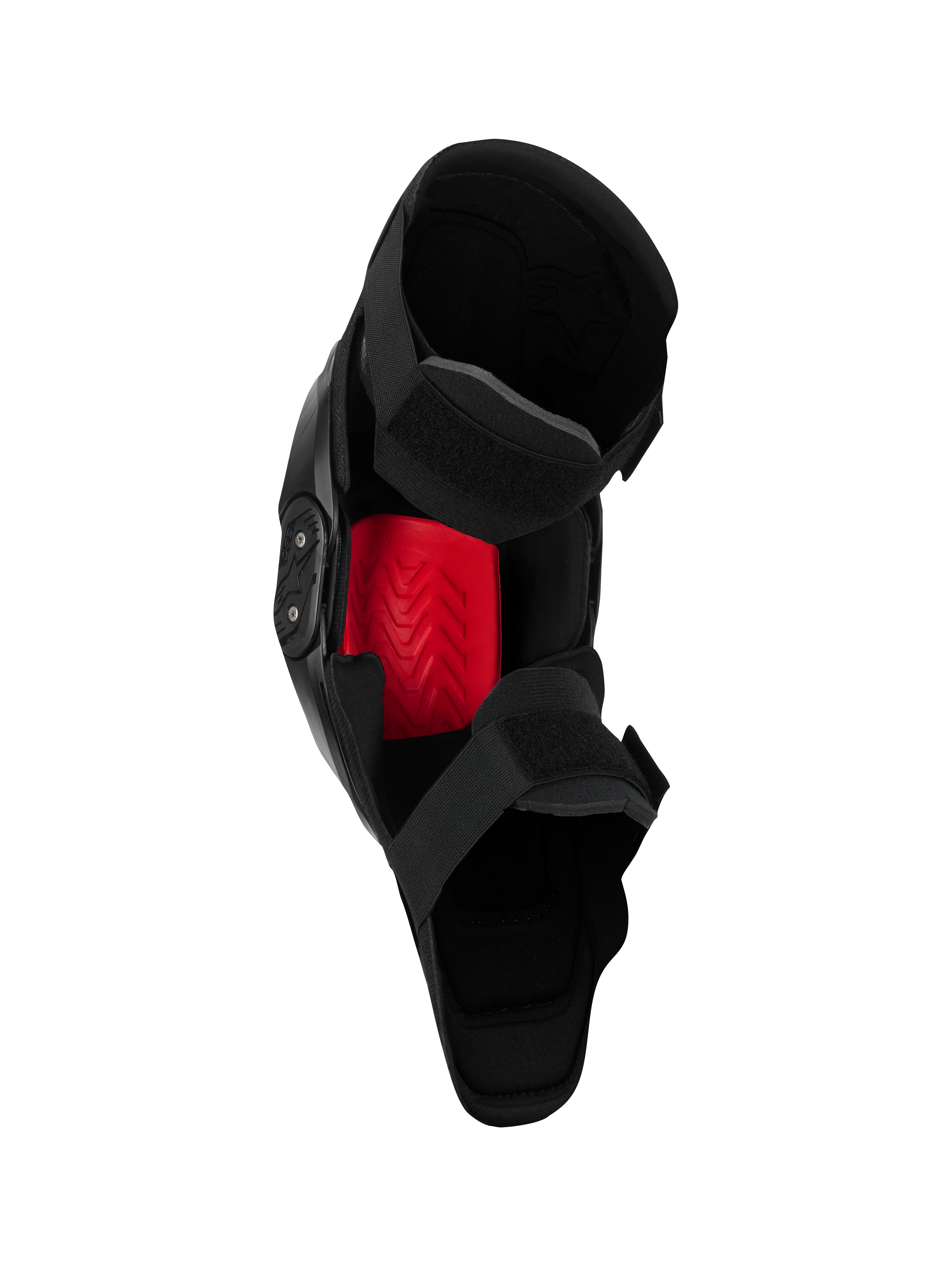 Alpinestars SX-1 Plasma Knee Protector, protector de rodilla para motocross, negro y rojo, vista interna que destaca el inserto rojo Nucleon PLASMA y el sistema de cierre de doble correa, diseñado para el rendimiento todoterreno