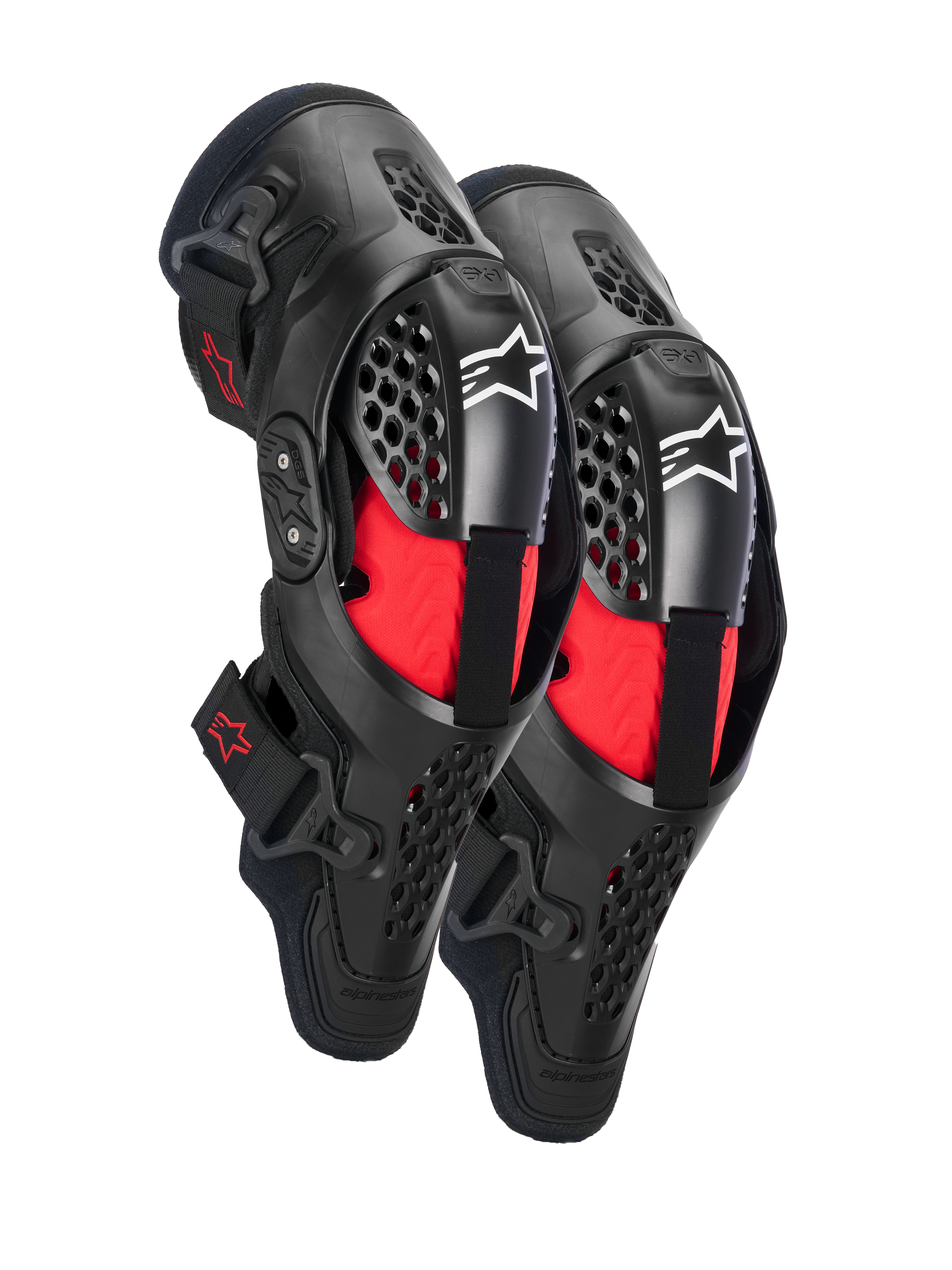 Rodilleras Alpinestars SX-1 Plasma, protección de rodilla para motocross, negro y rojo, con marcos semirrígidos ventilados, acolchado interior rojo, logos blancos de Alpinestars en la rótula y diseño de bisagra de doble pivote para rendimiento todoterreno