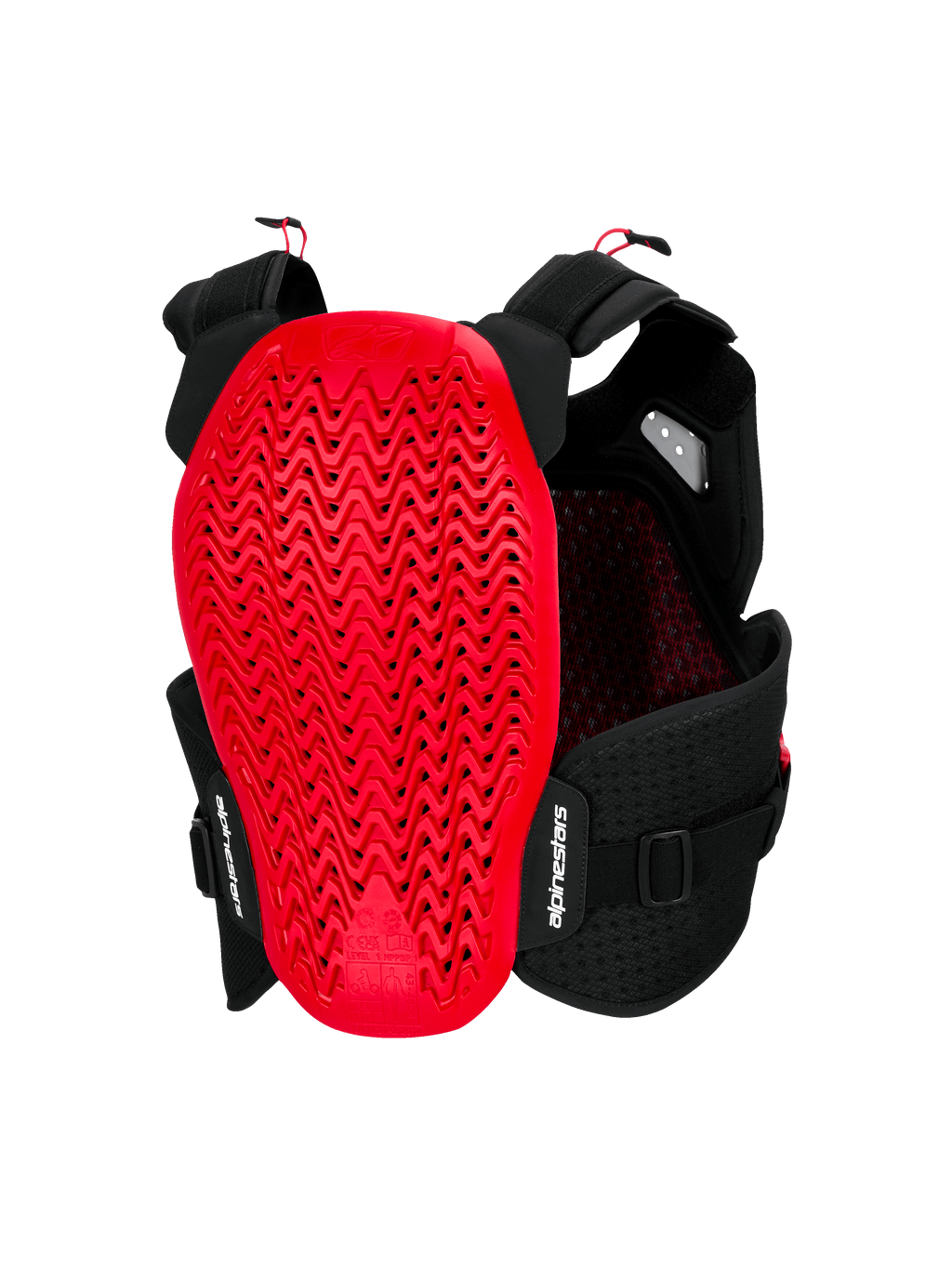 Protector de pecho Alpinestars A-4 Plasma, vista trasera, negro y rojo, con un gran protector de espalda Nucleon PLASMA rojo de diseño perforado ondulado, chasis de malla negra con correas ajustables y marca Alpinestars en blanco
