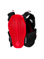 Protector de pecho Alpinestars A-4 Plasma, vista trasera, negro y rojo, con un gran protector de espalda Nucleon PLASMA rojo de diseño perforado ondulado, chasis de malla negra con correas ajustables y marca Alpinestars en blanco