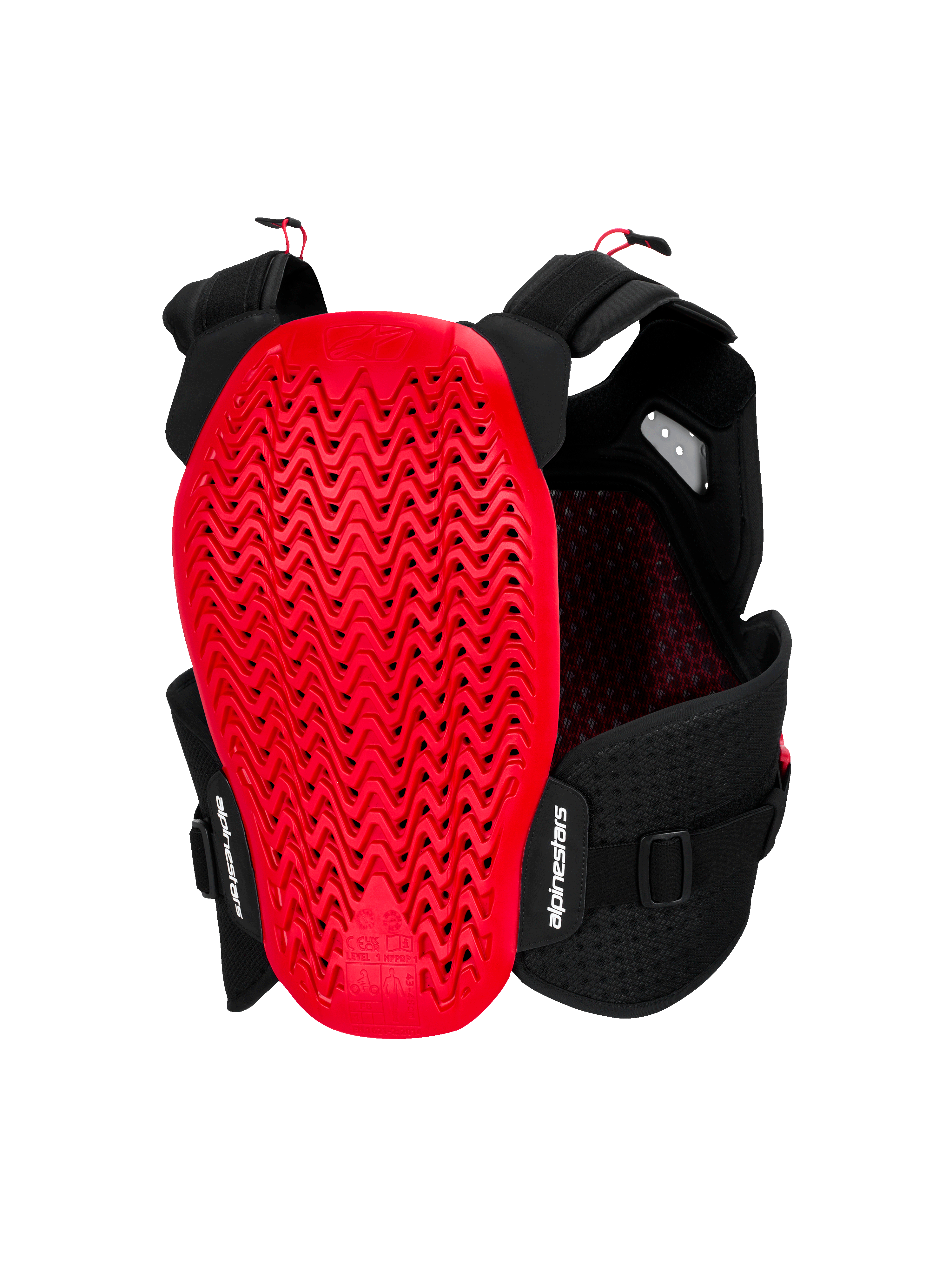 Protector de pecho Alpinestars A-4 Plasma, vista trasera, negro y rojo, con un gran protector de espalda Nucleon PLASMA rojo de diseño perforado ondulado, chasis de malla negra con correas ajustables y marca Alpinestars en blanco