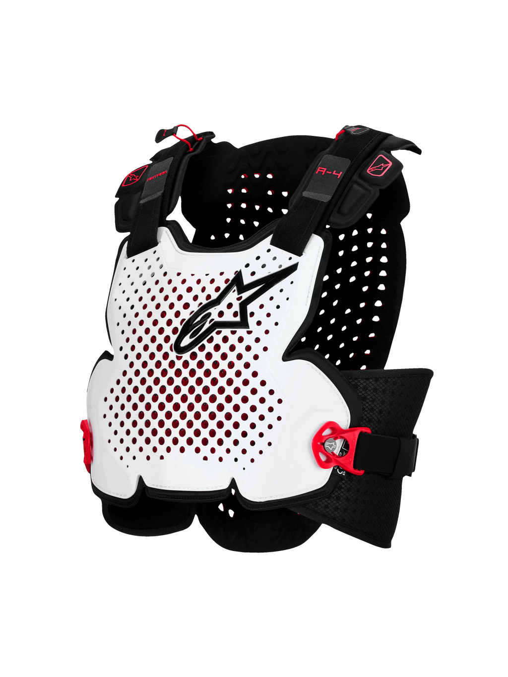 Alpinestars A-4 Plasma, protector de pecho para moto, blanco con detalles en negro y rojo, diseño de carcasa rígida ventilada, correas laterales ajustables, protección ligera para off-road