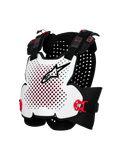 Alpinestars A-4 Plasma, protector de pecho para moto, blanco con detalles en negro y rojo, diseño de carcasa rígida ventilada, correas laterales ajustables, protección ligera para off-road