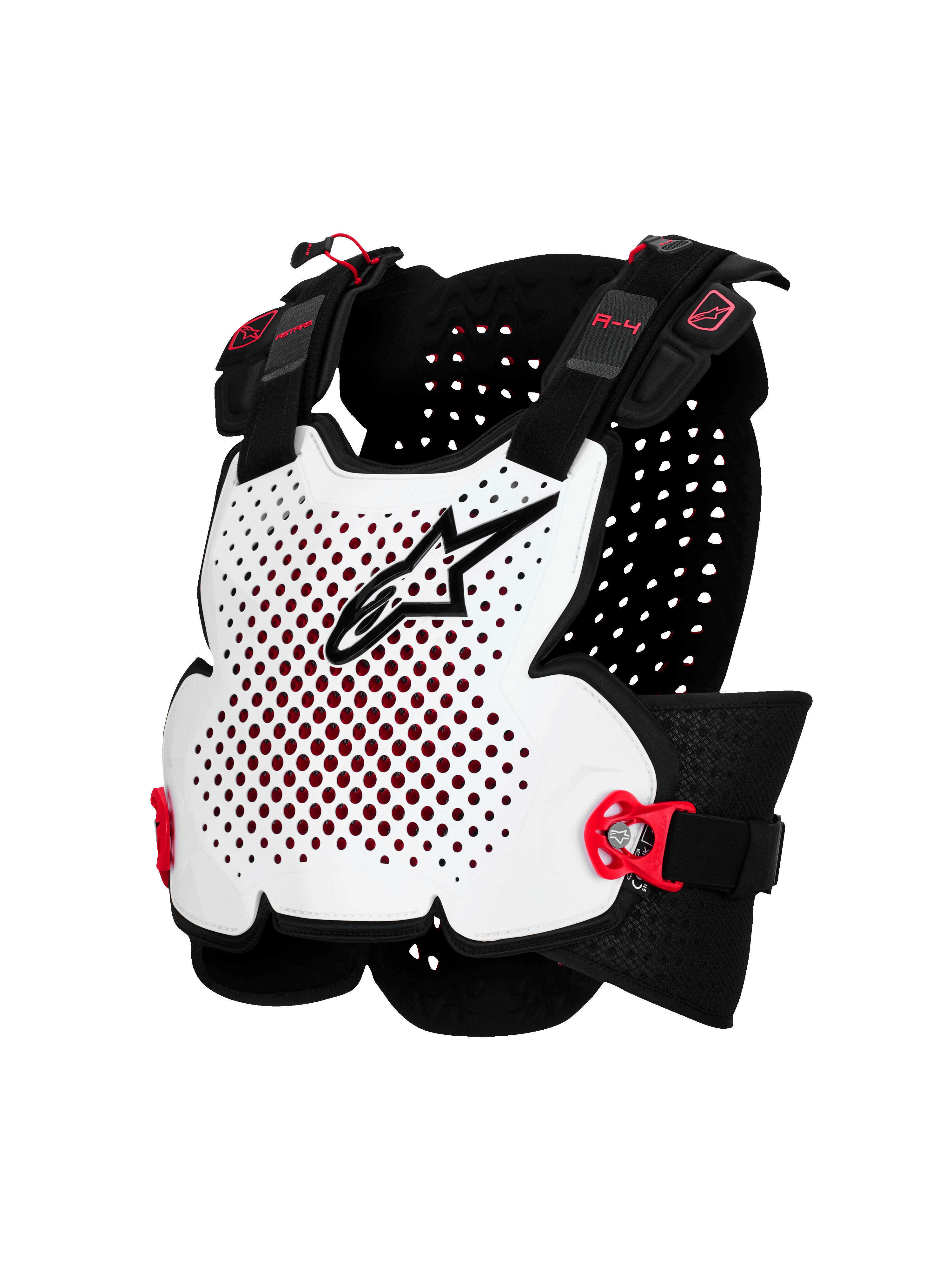 Alpinestars A-4 Plasma, protector de pecho para moto, blanco con detalles en negro y rojo, diseño de carcasa rígida ventilada, correas laterales ajustables, protección ligera para off-road