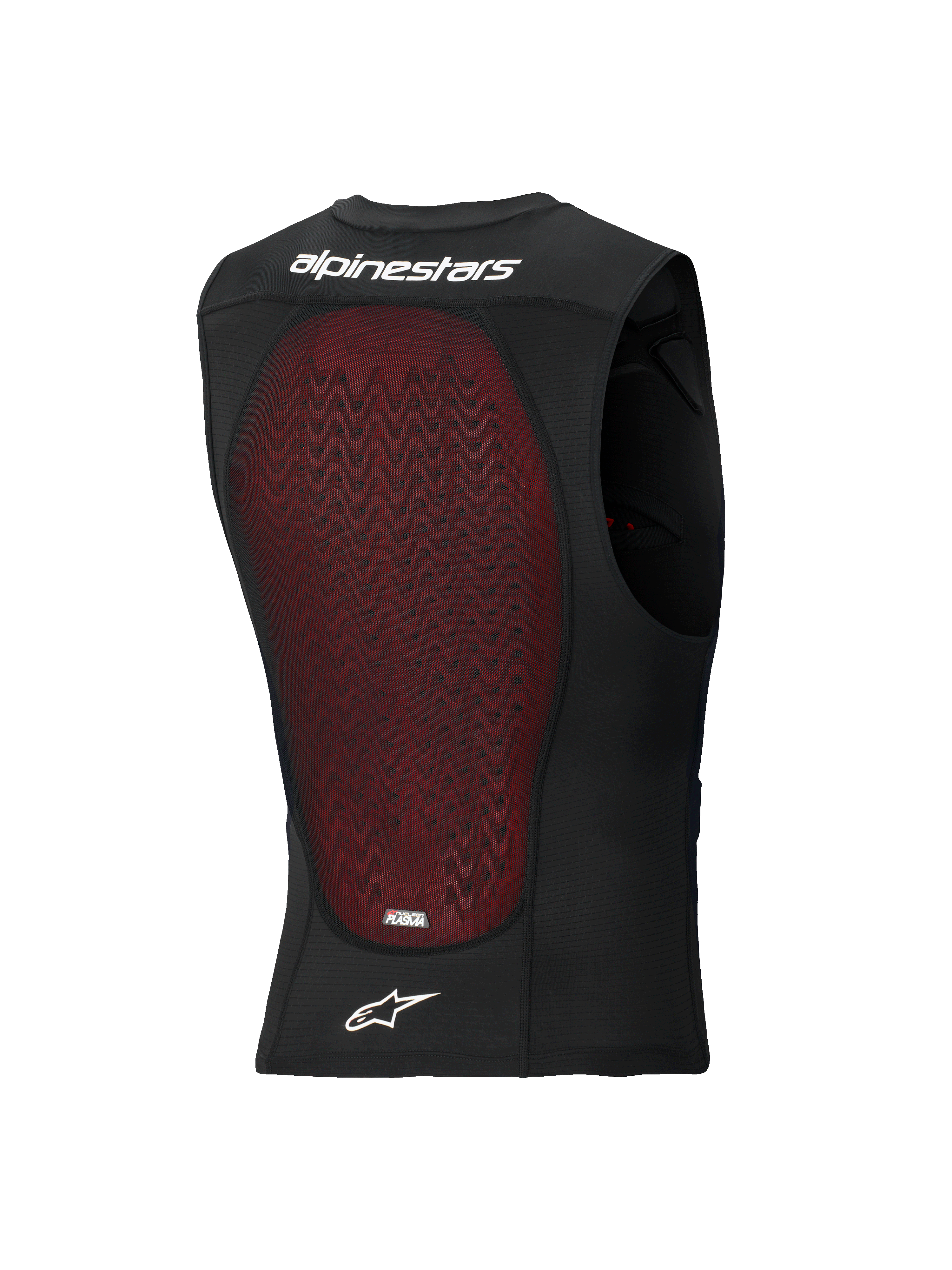Alpinestars Bionic Plasma LT Protection Vest, vista posterior, malla transpirable negra con un gran protector de espalda Nucleon PLASMA rojo, con el nombre y logotipo de Alpinestars en blanco, diseñado para protección contra impactos en off-road y motocross