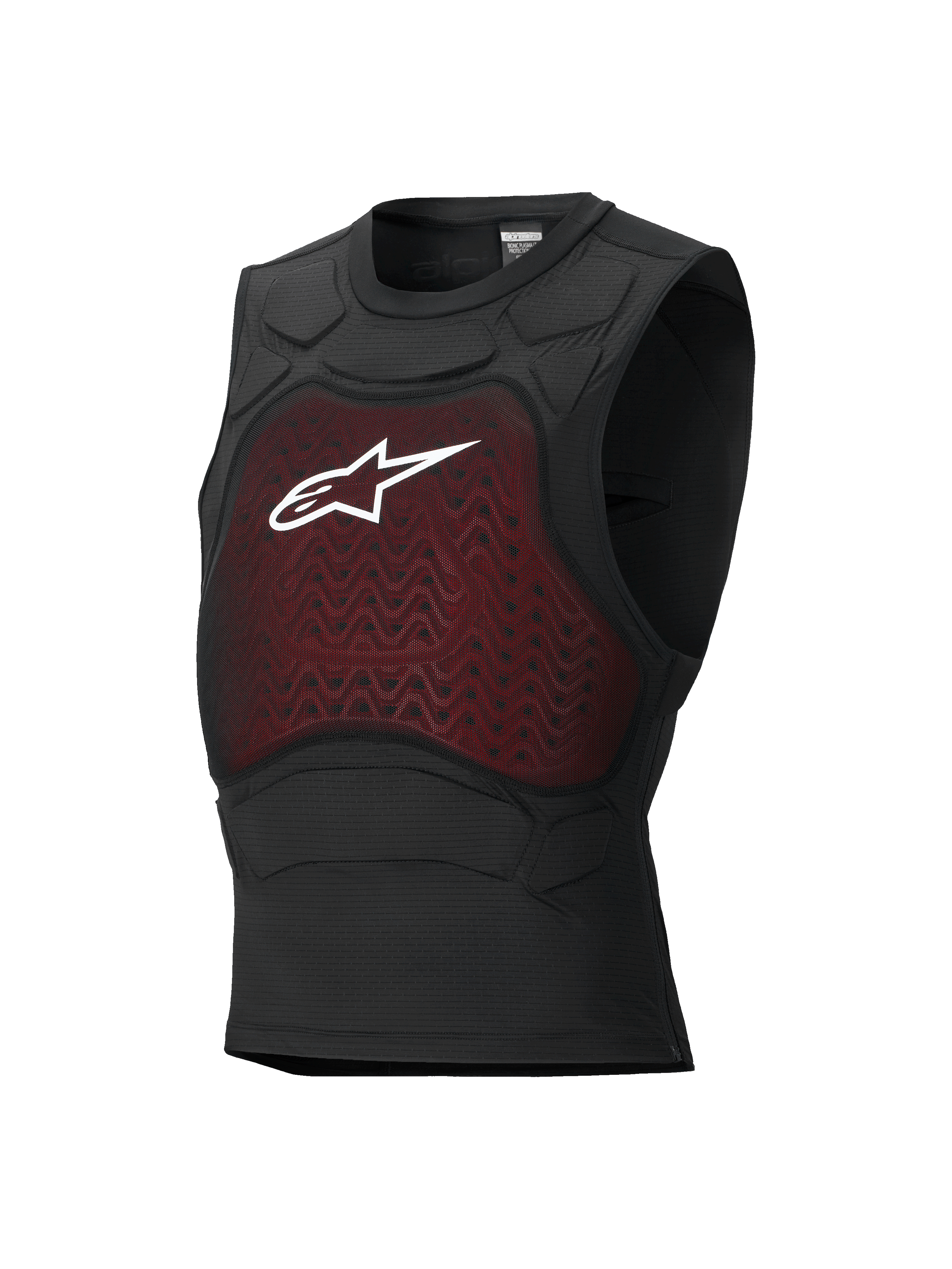 Alpinestars Bionic Plasma LT Protection Vest, chaleco de protección para moto, negro y rojo, diseño sin mangas con panel de malla en el pecho y logo blanco de Astars, acolchado integrado en los hombros, construcción transpirable y ajustada al cuerpo