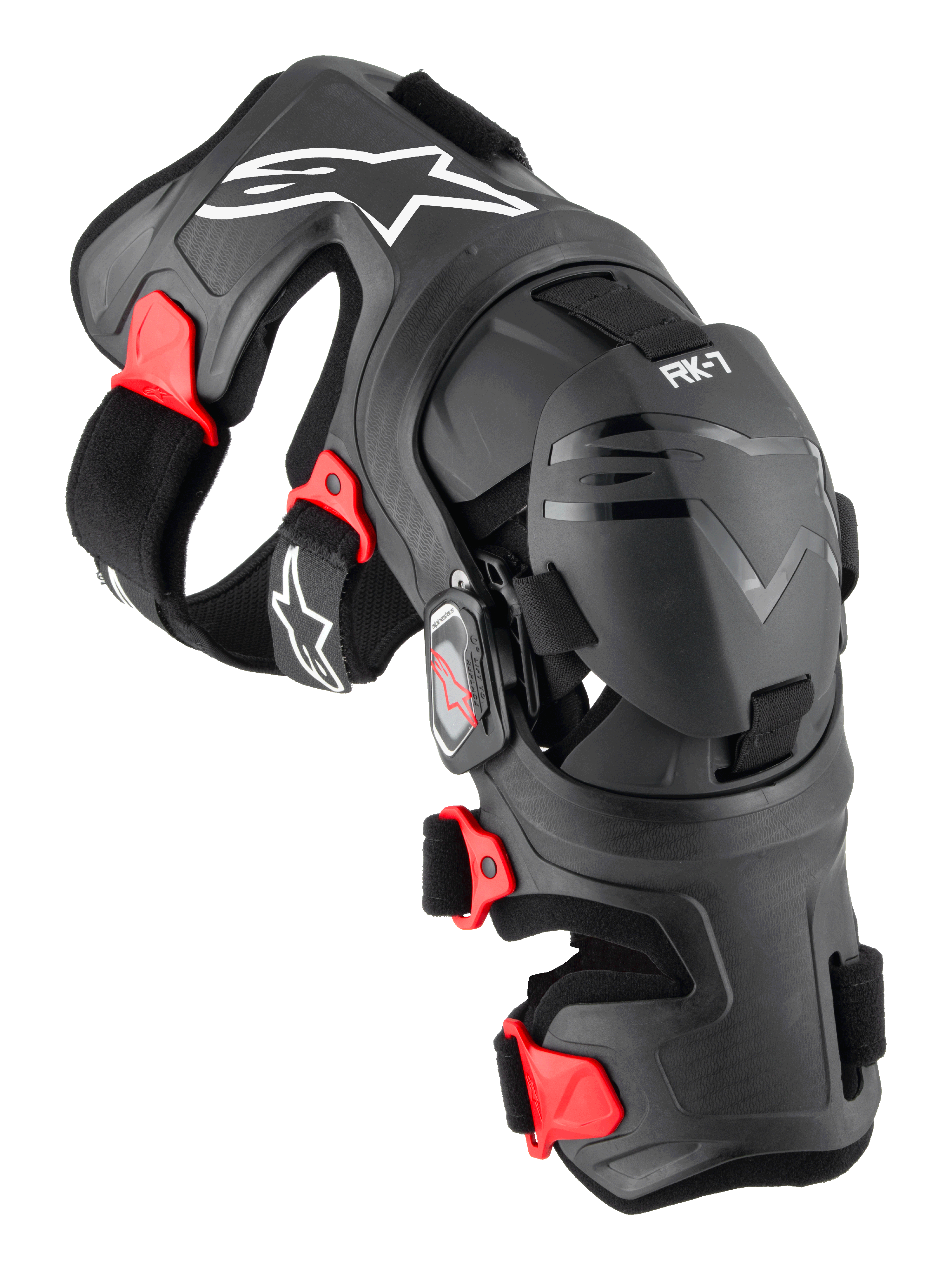 Rodillera Alpinestars RK-7 Plasma, protector de rodilla para motocross, negra con detalles rojos y logotipos blancos, estructura ergonómica reforzada con fibra con correas ajustables y sistema de bisagra de cuatro puntos, equipo de protección duradero para off-road