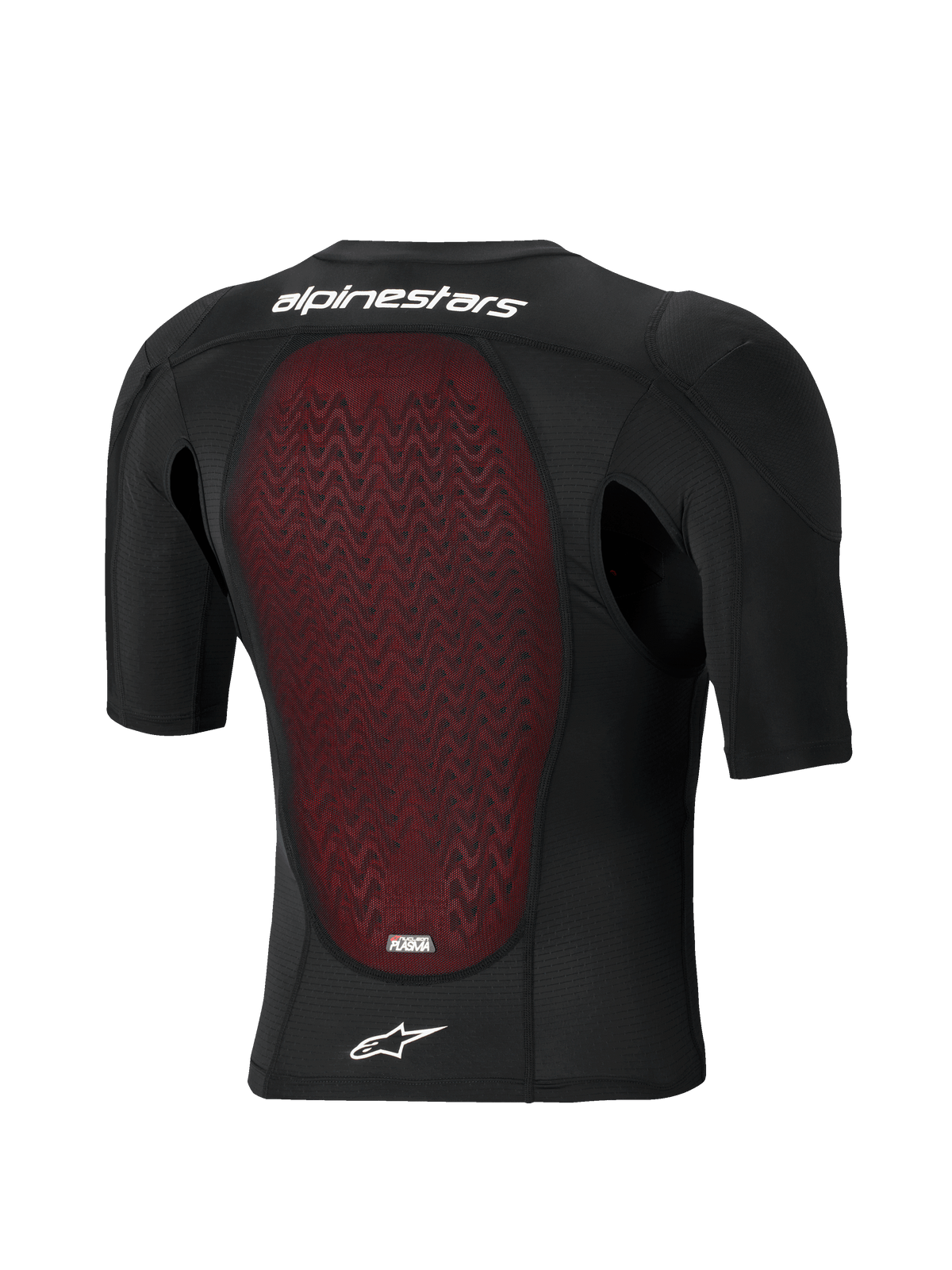Chaqueta de protección Alpinestars Bionic Plasma LT - Manga corta, vista trasera, construcción de malla transpirable negra con protector de espalda Nucleon PLASMA texturizado en rojo, logotipo de estrella y marca Alpinestars en blanco, equipo de protección para off-road y motocross