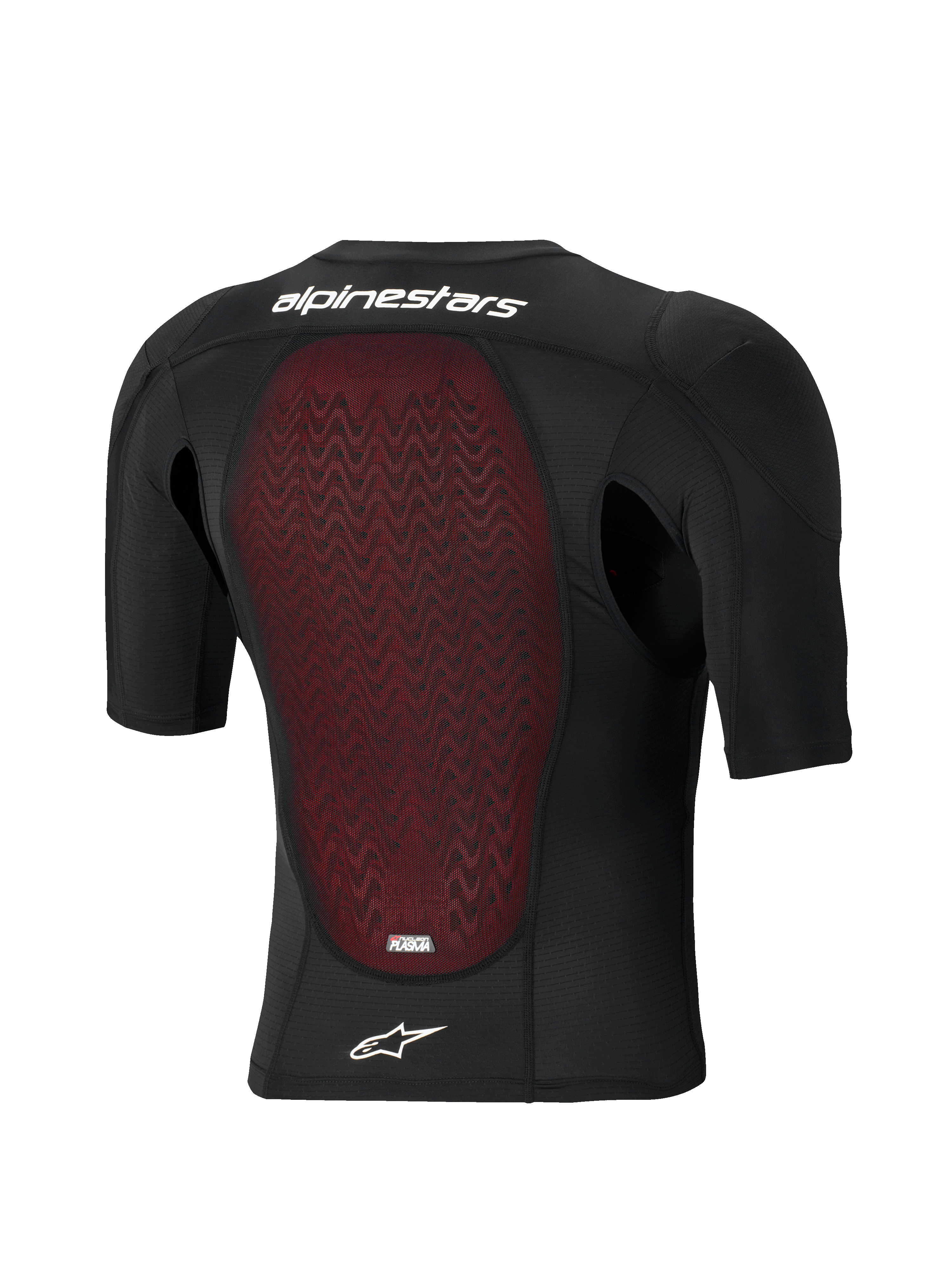 Chaqueta de protección Alpinestars Bionic Plasma LT - Manga corta, vista trasera, construcción de malla transpirable negra con protector de espalda Nucleon PLASMA texturizado en rojo, logotipo de estrella y marca Alpinestars en blanco, equipo de protección para off-road y motocross