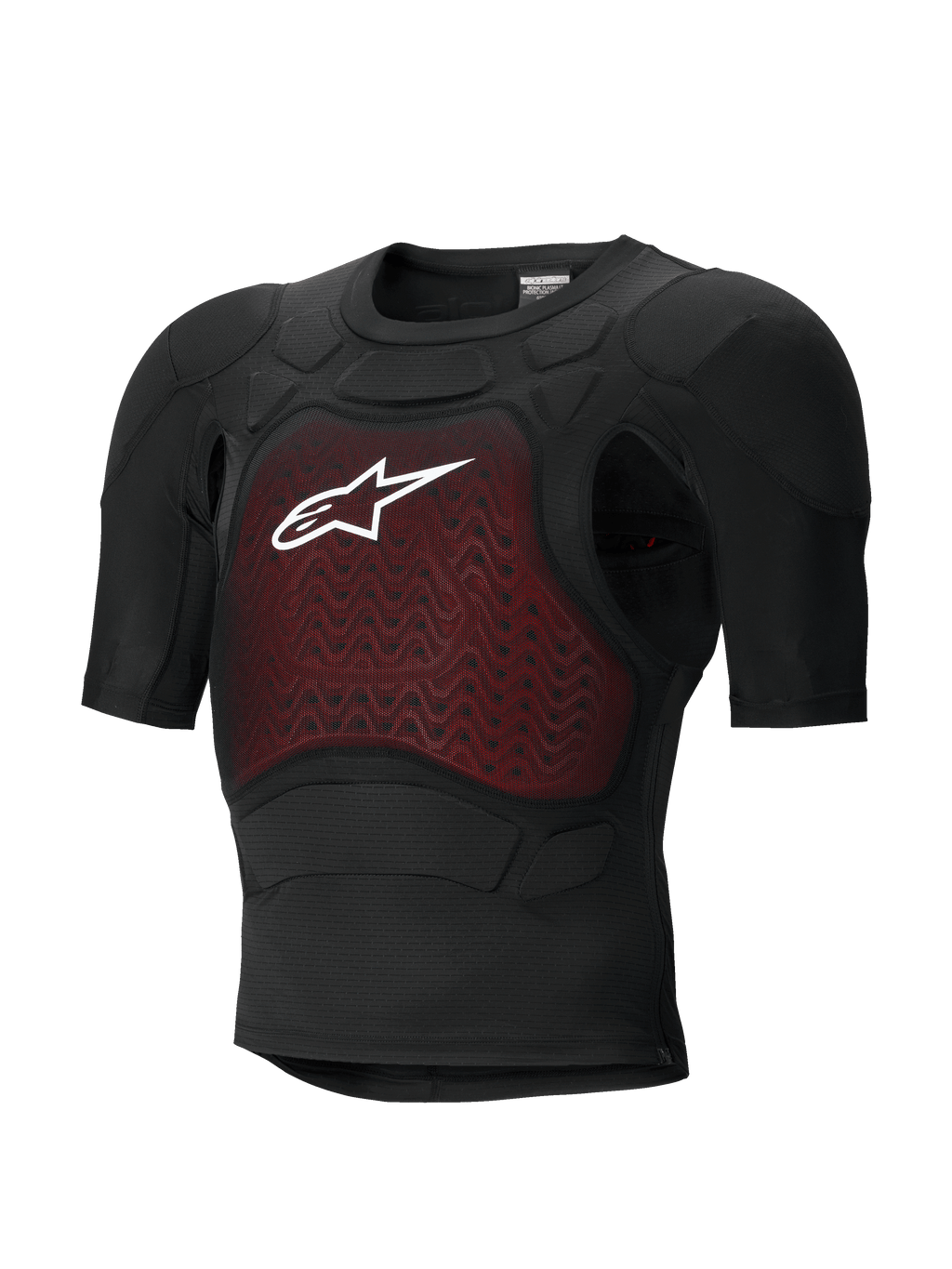Alpinestars Bionic Plasma LT Protection Jacket - Manga corta, negra y roja, armadura corporal para motocicleta con acolchado protector certificado por la CE, chasis de malla ligero y transpirable, con panel de pecho rojo texturizado y logotipo blanco de Alpinestars