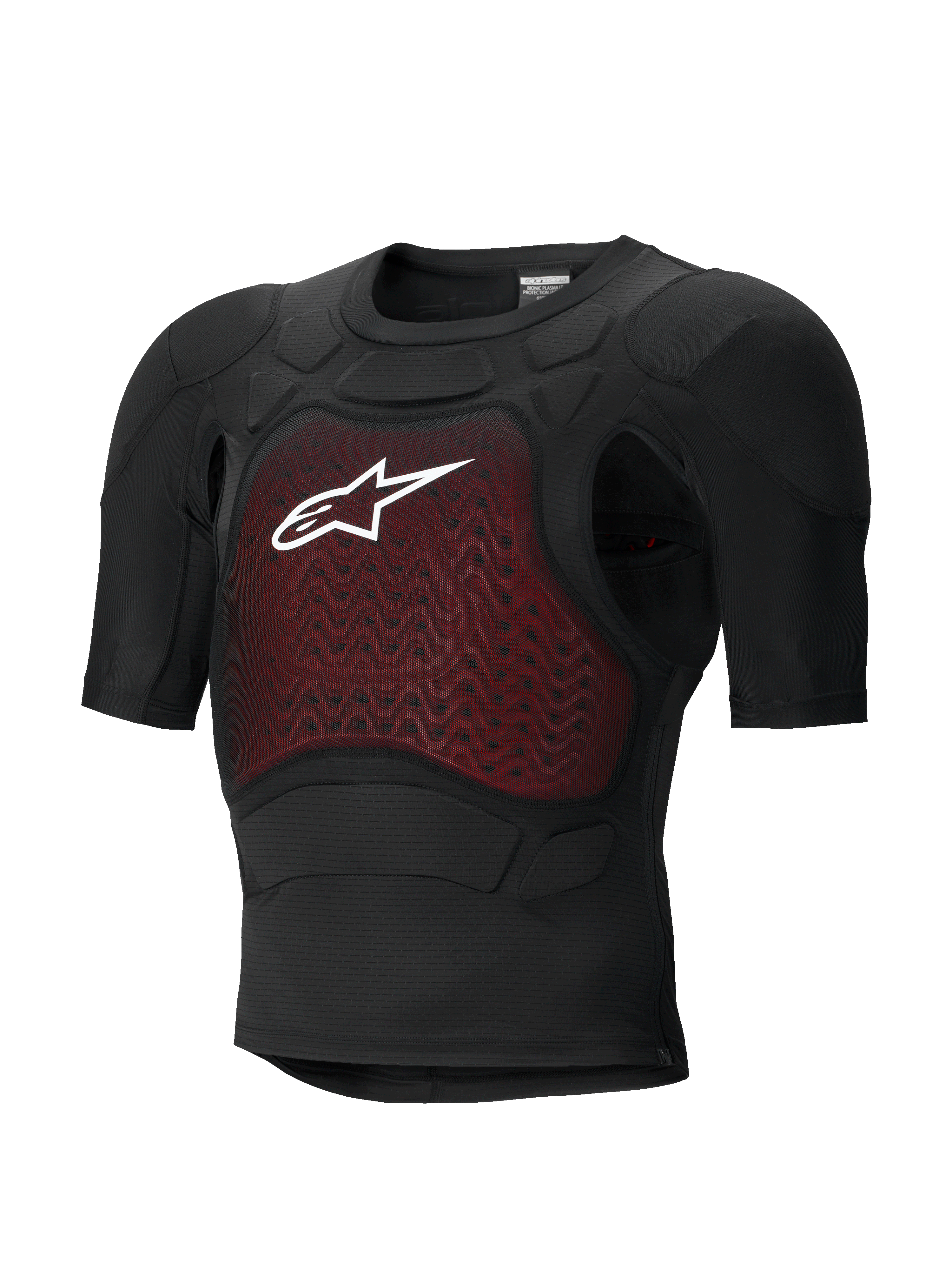 Alpinestars Bionic Plasma LT Protection Jacket - Manga corta, negra y roja, armadura corporal para motocicleta con acolchado protector certificado por la CE, chasis de malla ligero y transpirable, con panel de pecho rojo texturizado y logotipo blanco de Alpinestars