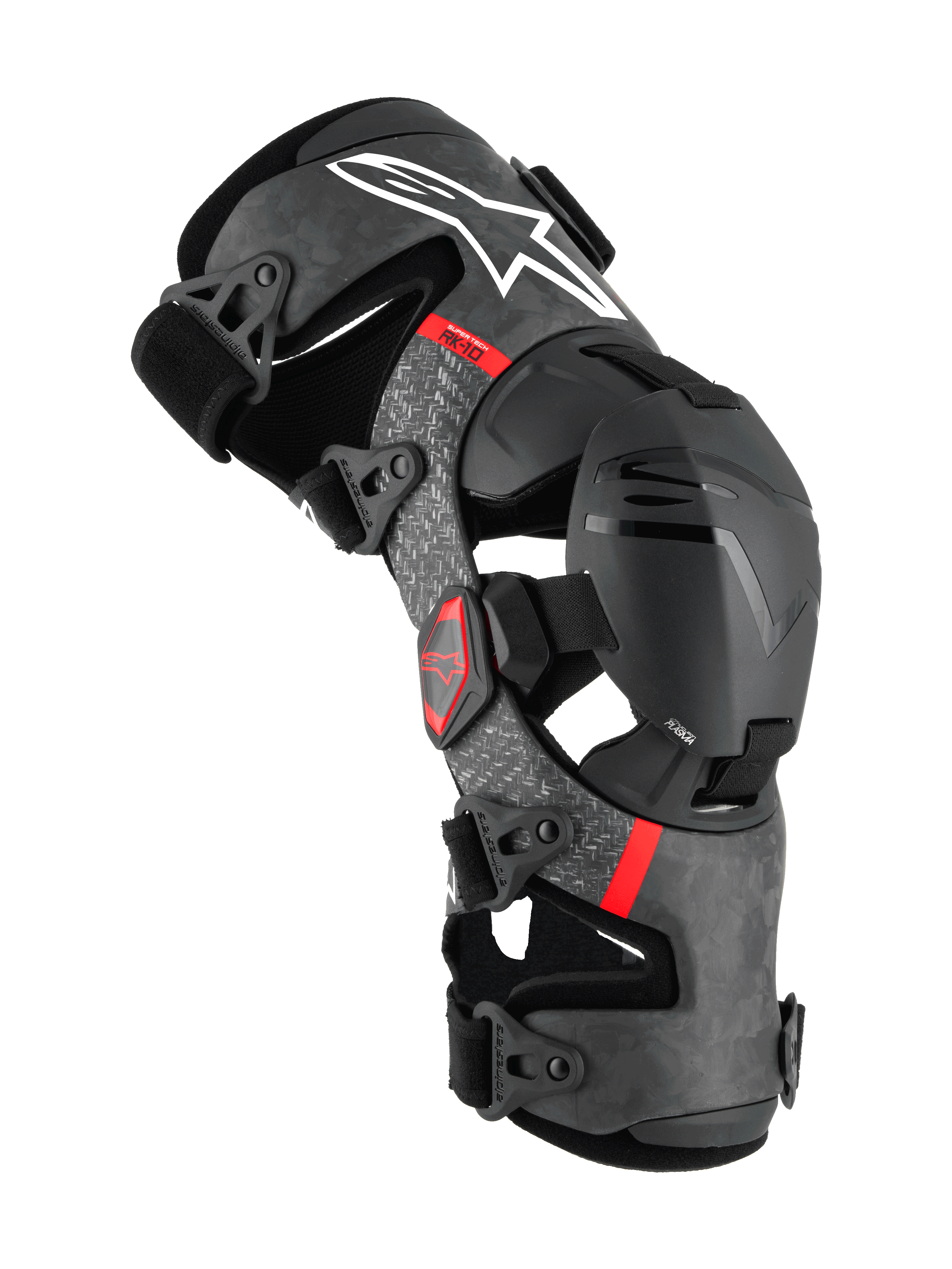 Alpinestars Supertech RK-10 Plasma, rodillera de protección para motocross, negra con estructura de fibra de carbono forjada y detalles grises, logotipos en rojo, sistema de soporte articulado con correas ajustables, protección premium para off-road