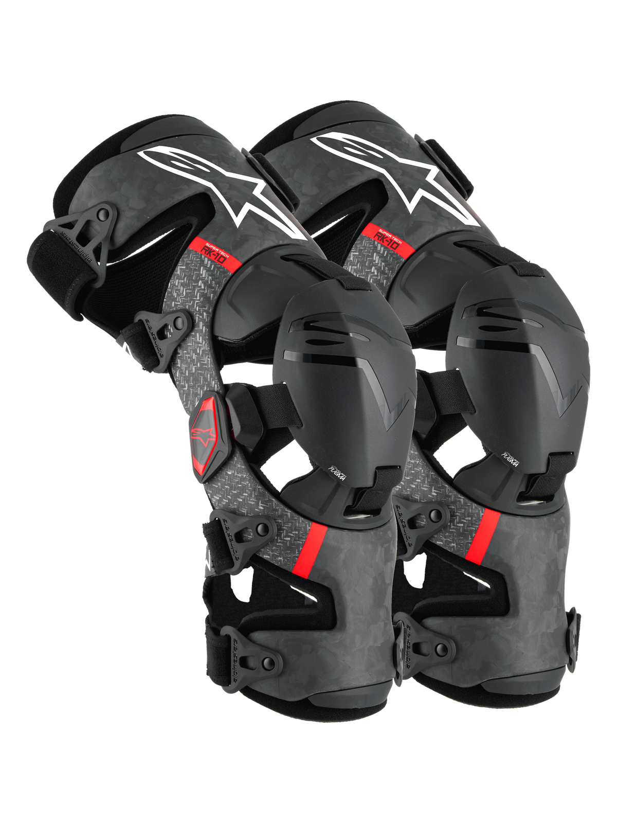 Alpinestars Supertech RK-10 Plasma, rodilleras de motocross, negras y rojas, con certificación CE Nivel 1 y estructura de fibra de carbono