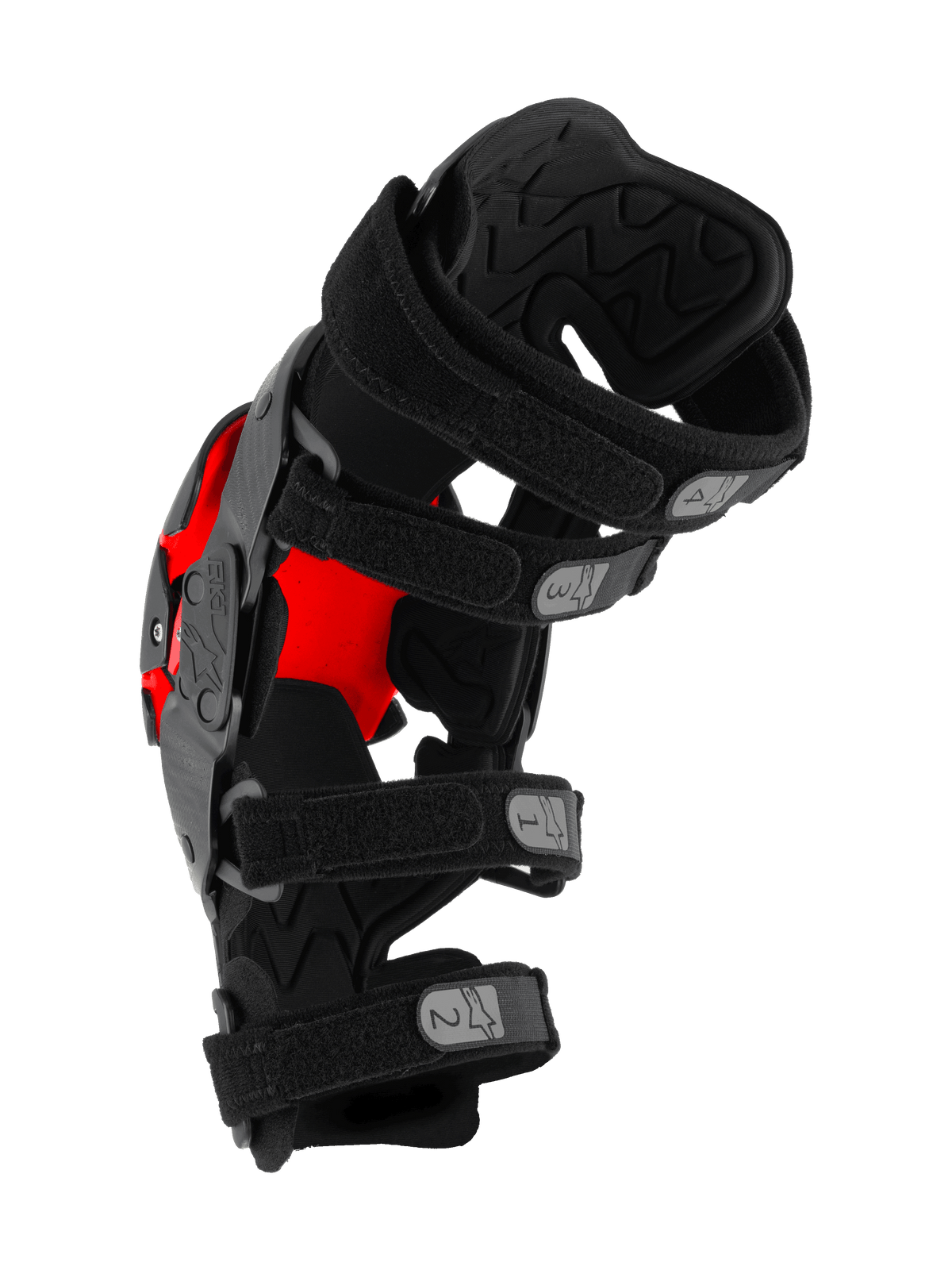 Alpinestars RK-1 Plasma Knee Brace, protector de rodilla para motocross, negro y rojo, vista lateral que muestra cuatro correas ajustables numeradas y acolchado interior texturizado, equipo de protección técnica para competición off-road