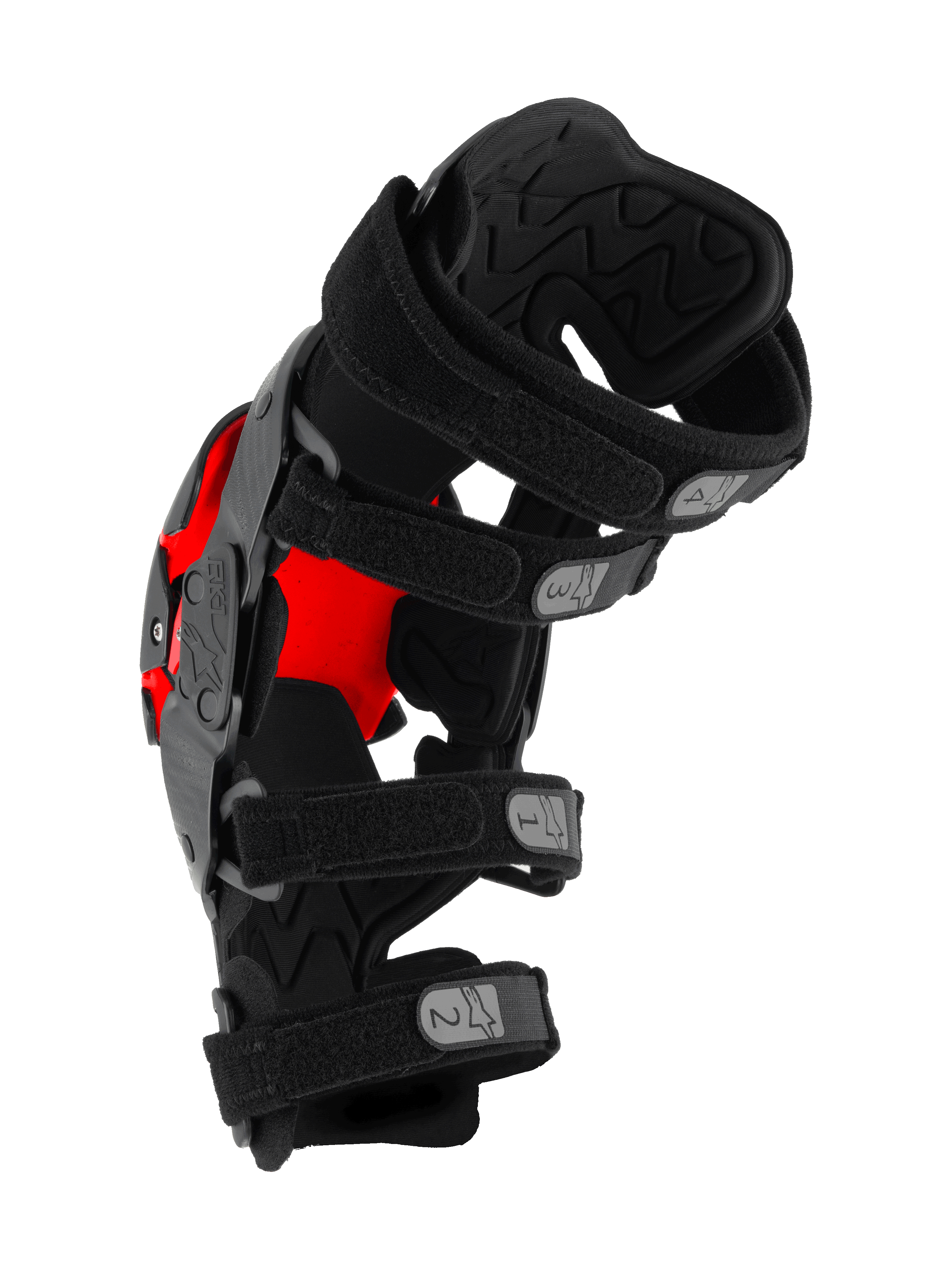 Alpinestars RK-1 Plasma Knee Brace, protector de rodilla para motocross, negro y rojo, vista lateral que muestra cuatro correas ajustables numeradas y acolchado interior texturizado, equipo de protección técnica para competición off-road