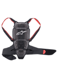 Alpinestars Nucleon KR-Cell Protector, Motorcycle Back Protector, Smoke Black and Red, featuring a perforated honeycomb grid with a white Alpinestars logo, adjustable red branded straps, and a black waist belt, ergonomic ventilated design