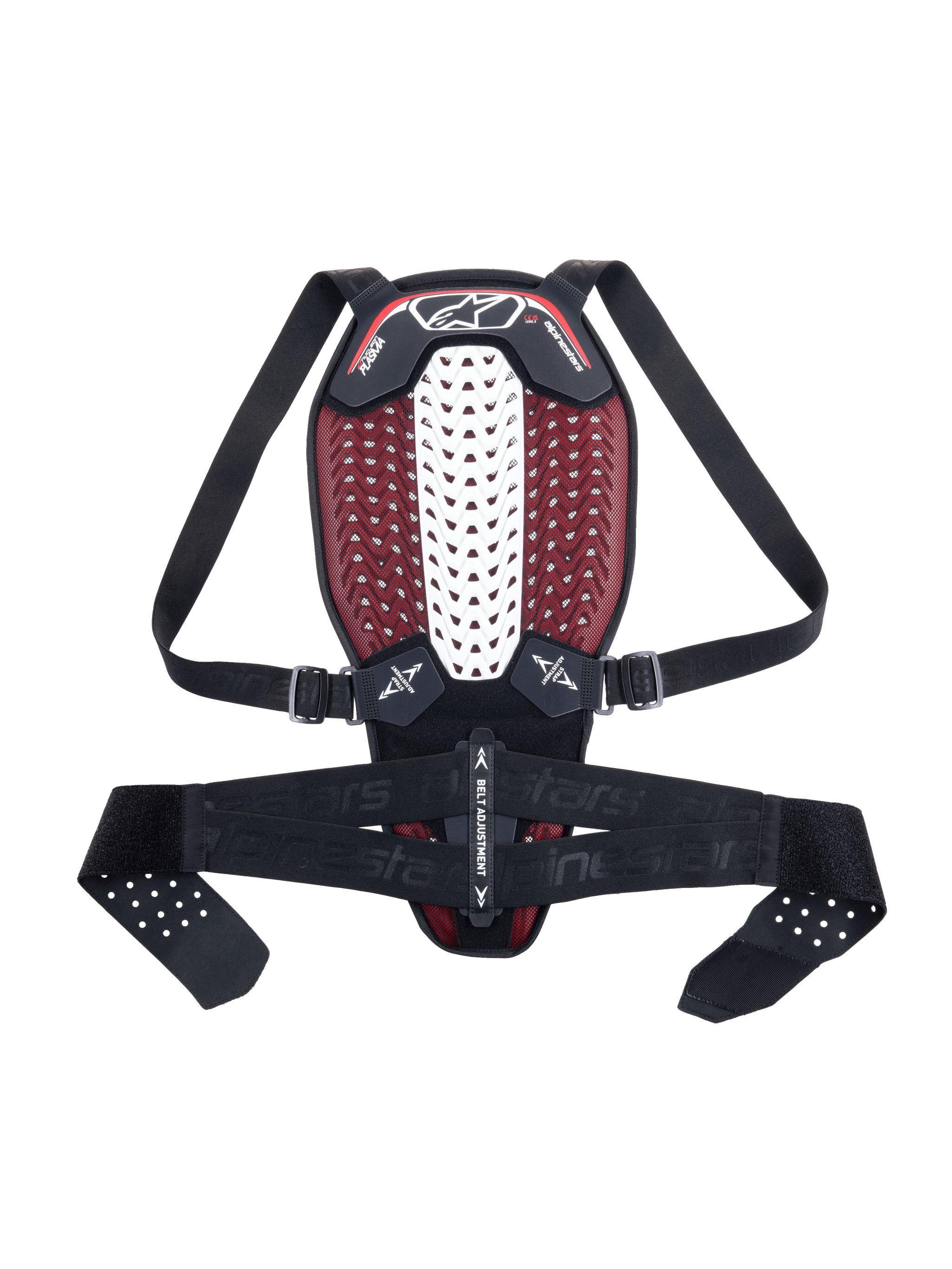 Protector de espalda Alpinestars Nucleon Plasma, protector de espalda para motocicleta, negro, blanco y rojo, con una zona espinal central blanca ventilada e interior de malla roja, correas de hombro y cinturón ajustables negros, diseño ergonómico y ligero para protección contra impactos