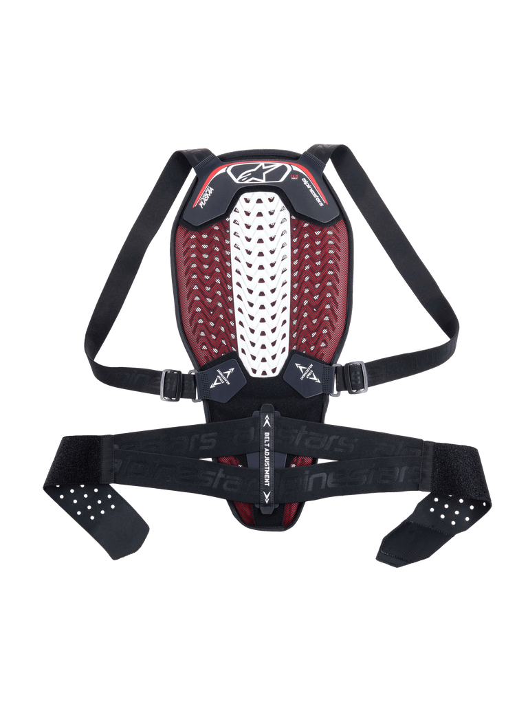 Protector de espalda Alpinestars Nucleon Plasma, protector de espalda para motocicleta, negro, blanco y rojo, con una zona espinal central blanca ventilada e interior de malla roja, correas de hombro y cinturón ajustables negros, diseño ergonómico y ligero para protección contra impactos