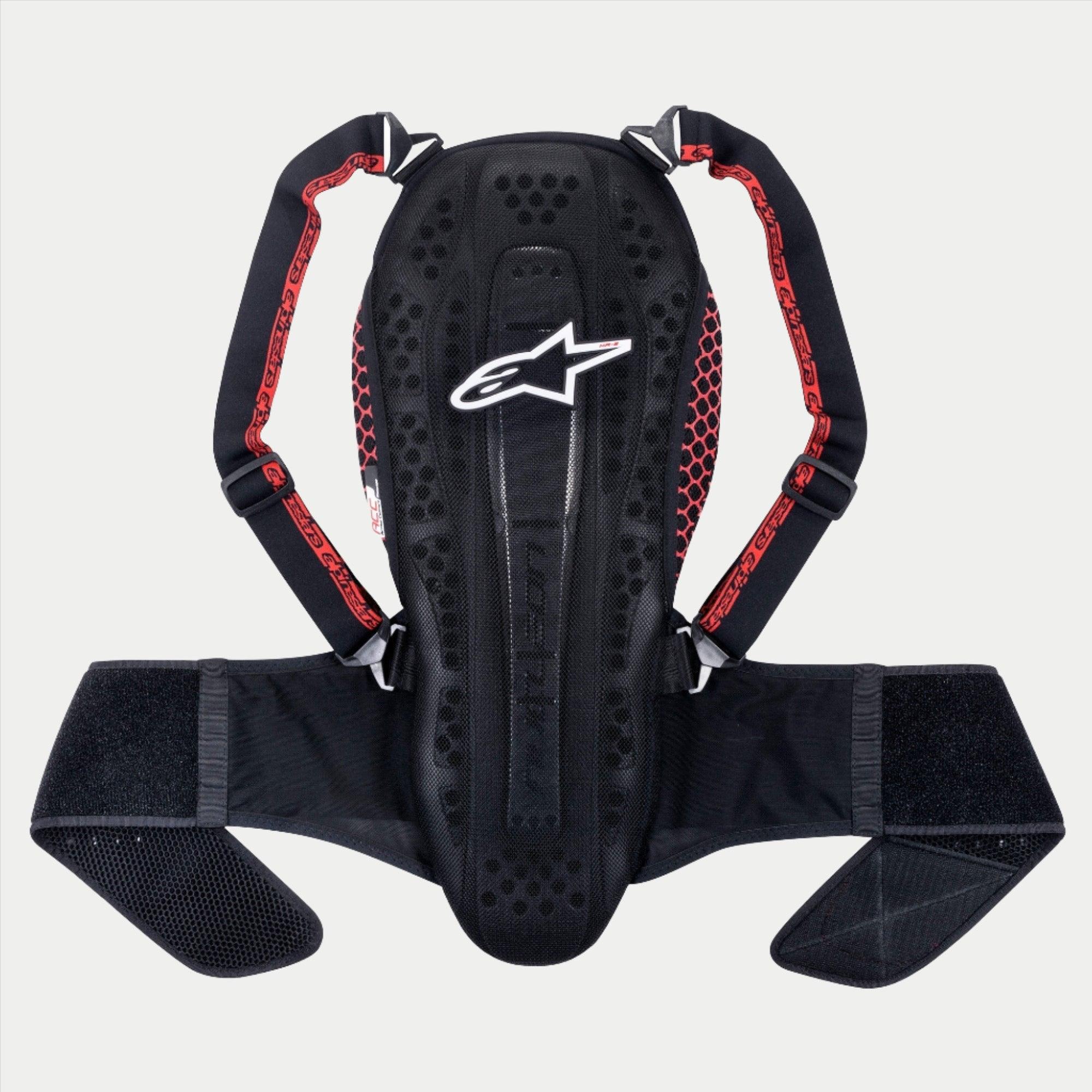 Protector de espalda Alpinestars Nucleon KR-2, Black Smoke Red, protección vertebral articulada con logotipo de estrella blanca, paneles laterales de panal rojos, tirantes ajustables y cinturón ancho para la cintura, equipo de seguridad para motocicleta con certificación CE Nivel 2
