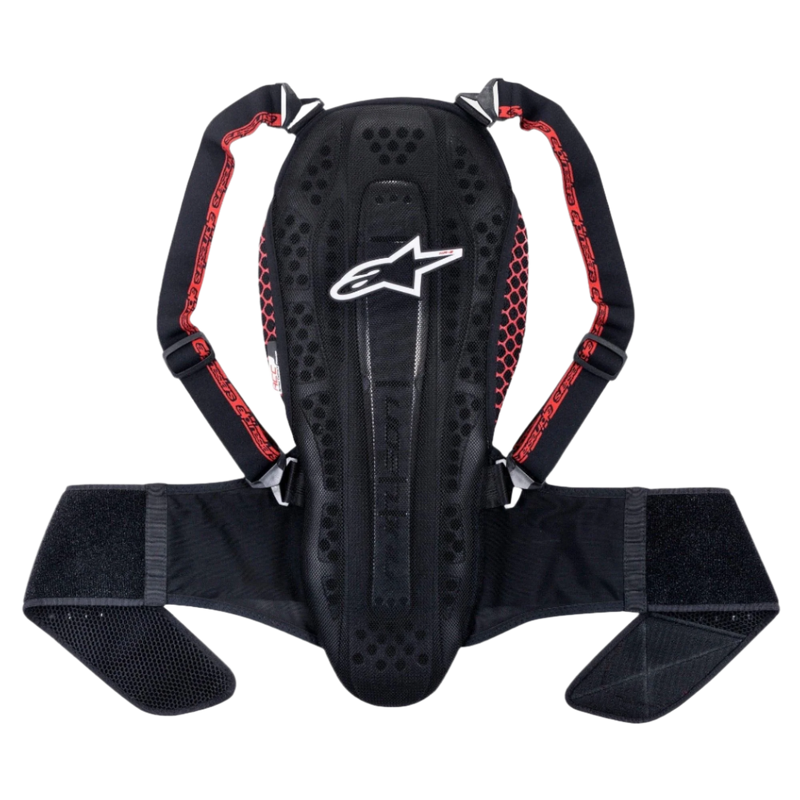 Protector de espalda Alpinestars Nucleon KR-2, Black Smoke Red, con un diseño articulado tipo vértebras, correas ajustables para los hombros con detalles rojos y un cinturón ancho, protección ligera para la columna vertebral de motociclistas