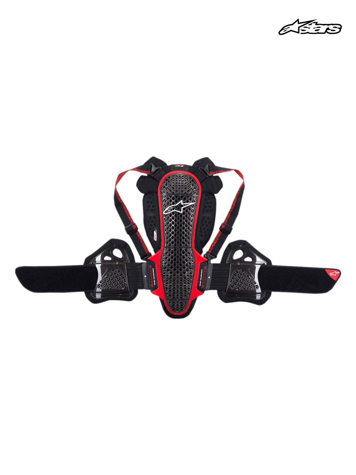 Alpinestars Nucleon KR-3 Back Protector, CE Level 2 certified motorcycle spine and rib protection, smoke black and red, lattice shell construction with adjustable shoulder straps and kidney belt