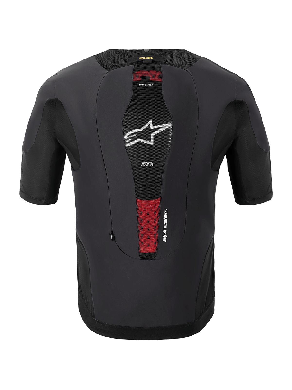 Alpinestars Tech-Air® 5 Plasma System, sistema de airbag para motocicleta, vista trasera, negro, cuenta con un panel de malla central con el logotipo de la estrella blanca y detalles rojos del protector de espalda interno PLASMA, diseño de manga corta ajustado para protección bajo la chaqueta