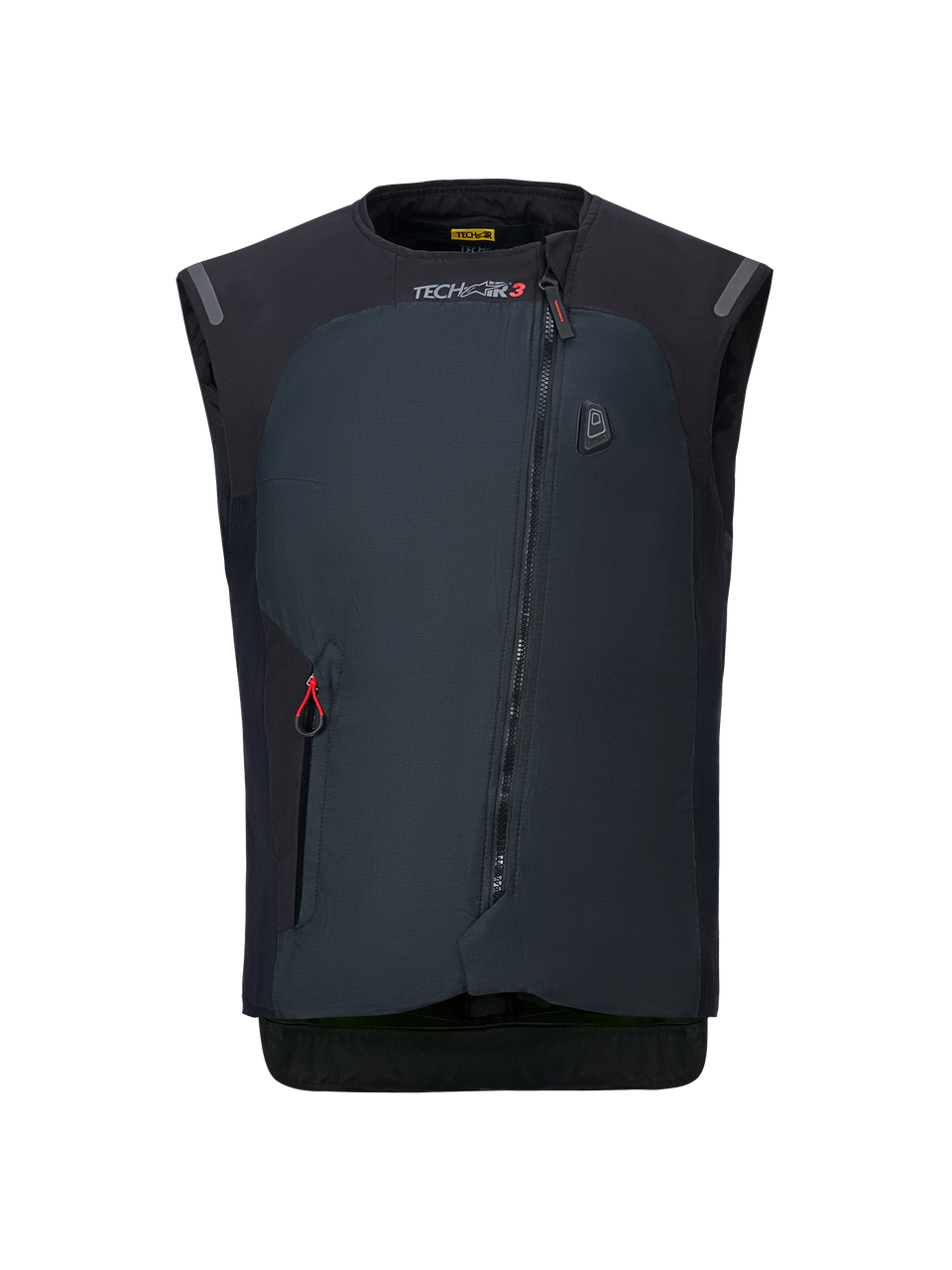 Alpinestars Tech-Air® 3 V2 System, chaleco airbag para motocicleta, negro, vista frontal con cremallera diagonal, logotipo de TECH-AIR 3, construcción textil delgada, protección electrónica autónoma para conducción en carretera
