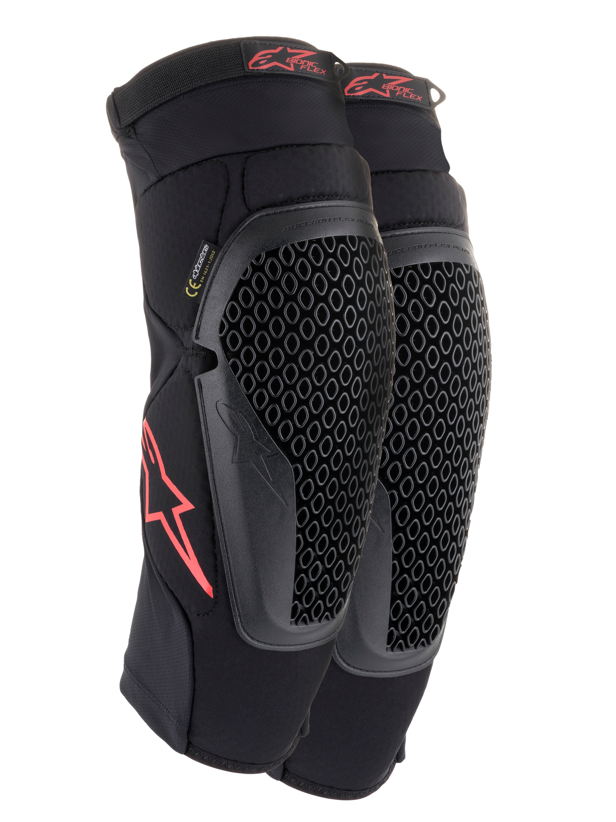 Alpinestars Bionic Flex Knee Protectors, Black and Red, pair of motocross knee guards featuring perforated Nucleon Flex Technology shields, red Astars logos, and elasticated straps on a breathable black mesh sleeve.