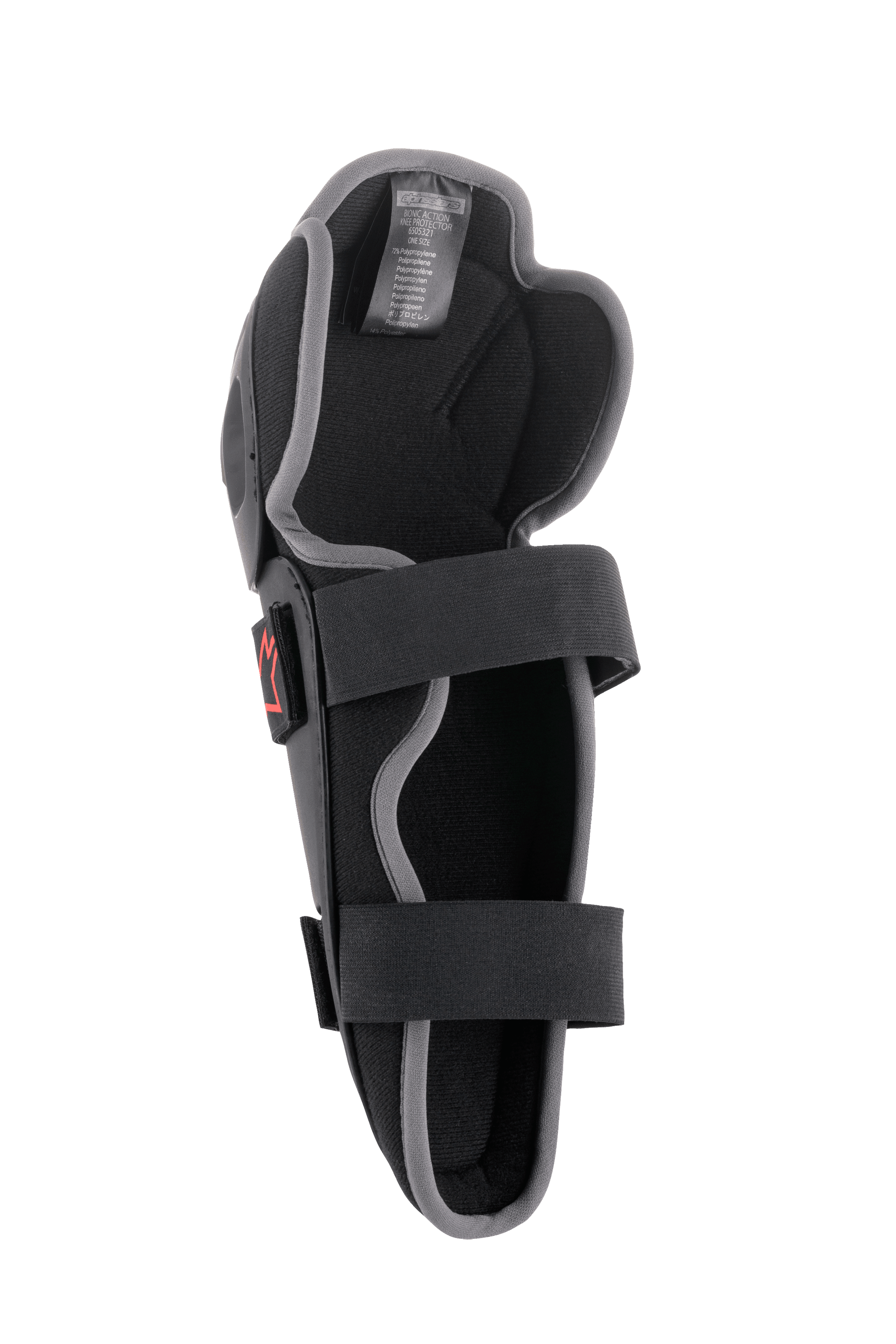 Alpinestars Bionic Action Knee Protector, rodillera de motocross, negro y gris, vista interior con sistema de doble correa elástica, acolchado de espuma y diseño ergonómico asimétrico para conducción off-road