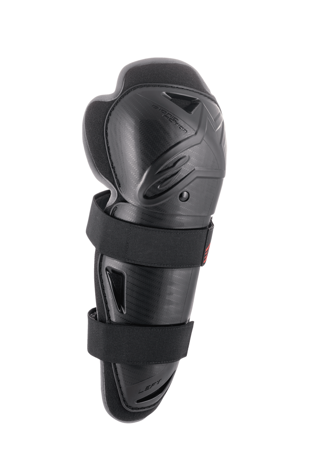 Alpinestars Bionic Action Knee Protector, negro, protector individual para el lado izquierdo, protección de carcasa rígida con correas elásticas dobles, protección contra impactos para motocross y off-road, diseño ergonómico ventilado con acolchado.