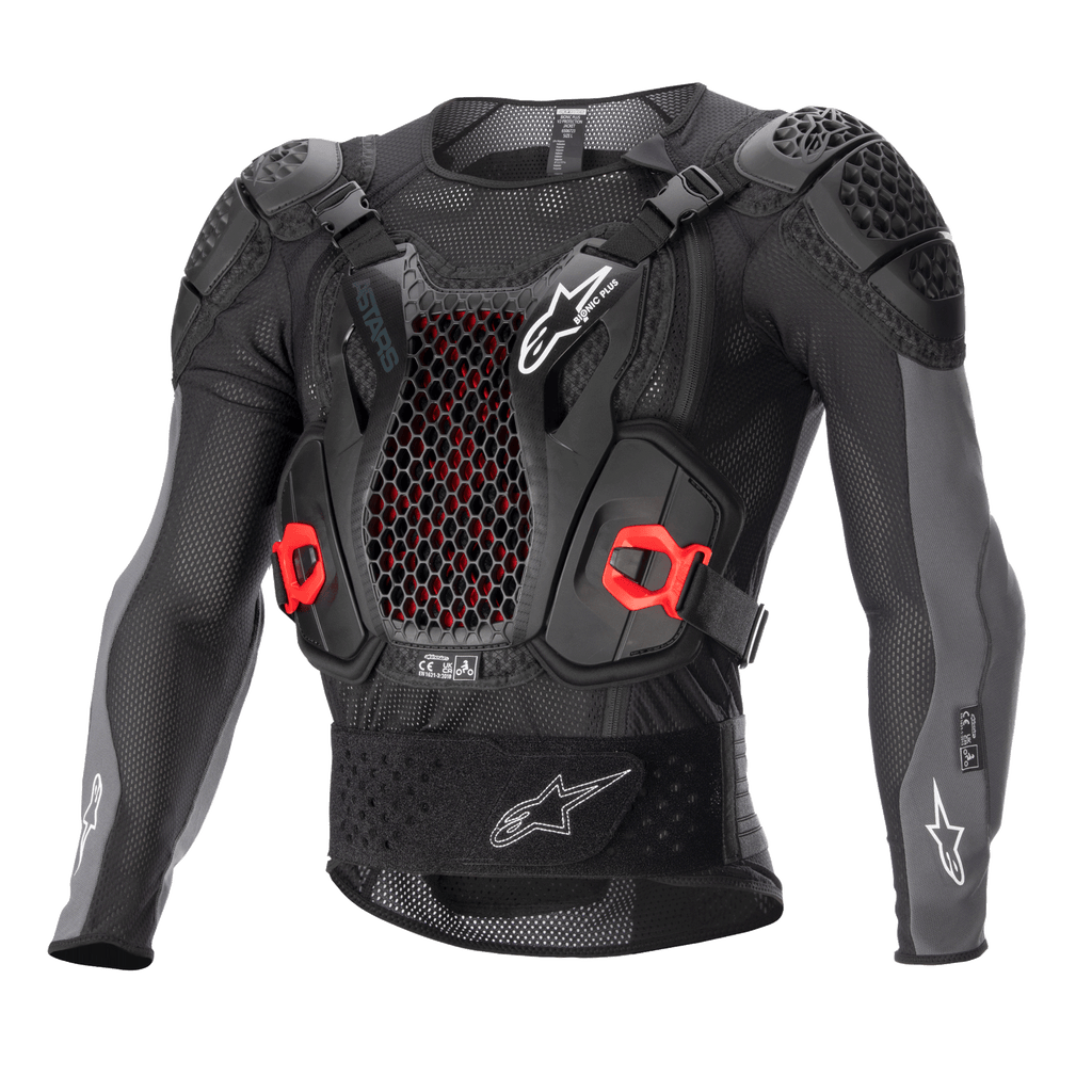 Alpinestars Bionic Plus V2 Protection Jacket, armadura corporal para motocross, negro y gris antracita con detalles en rojo, con protector de pecho de malla de nido de abeja, hombros y codos acolchados, diseño de malla transpirable para carreras todoterreno