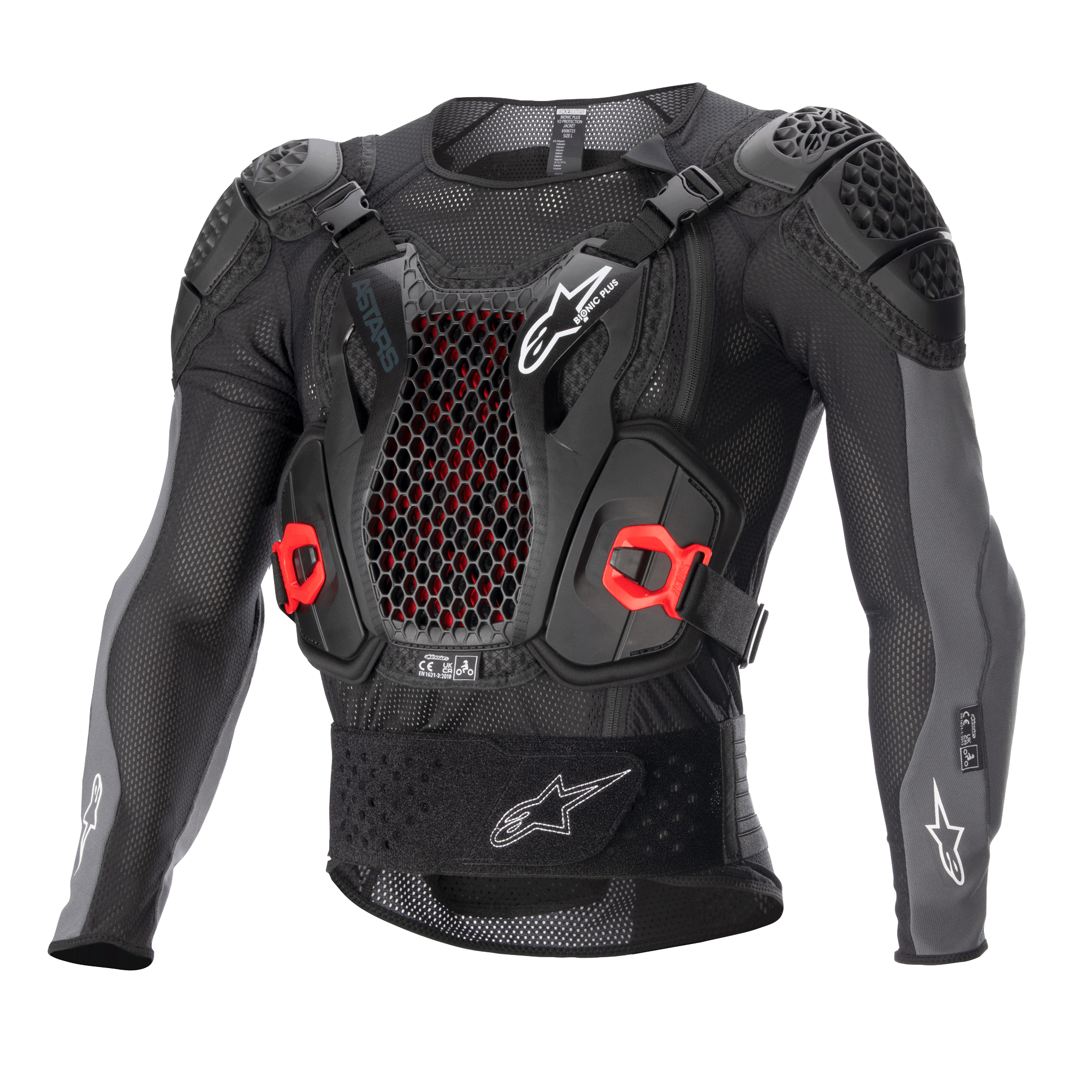 Alpinestars Bionic Plus V2 Protection Jacket, armadura corporal para motocross, negro y gris antracita con detalles en rojo, con protector de pecho de malla de nido de abeja, hombros y codos acolchados, diseño de malla transpirable para carreras todoterreno
