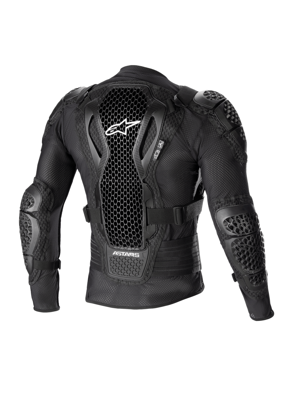 Chaqueta de protección Alpinestars Bionic Action V2, vista trasera, negro, con protector de espalda de tecnología Cell perforado con logotipo blanco, construcción de malla con protecciones integradas en hombros y codos, diseñada para protección en motocross y off-road