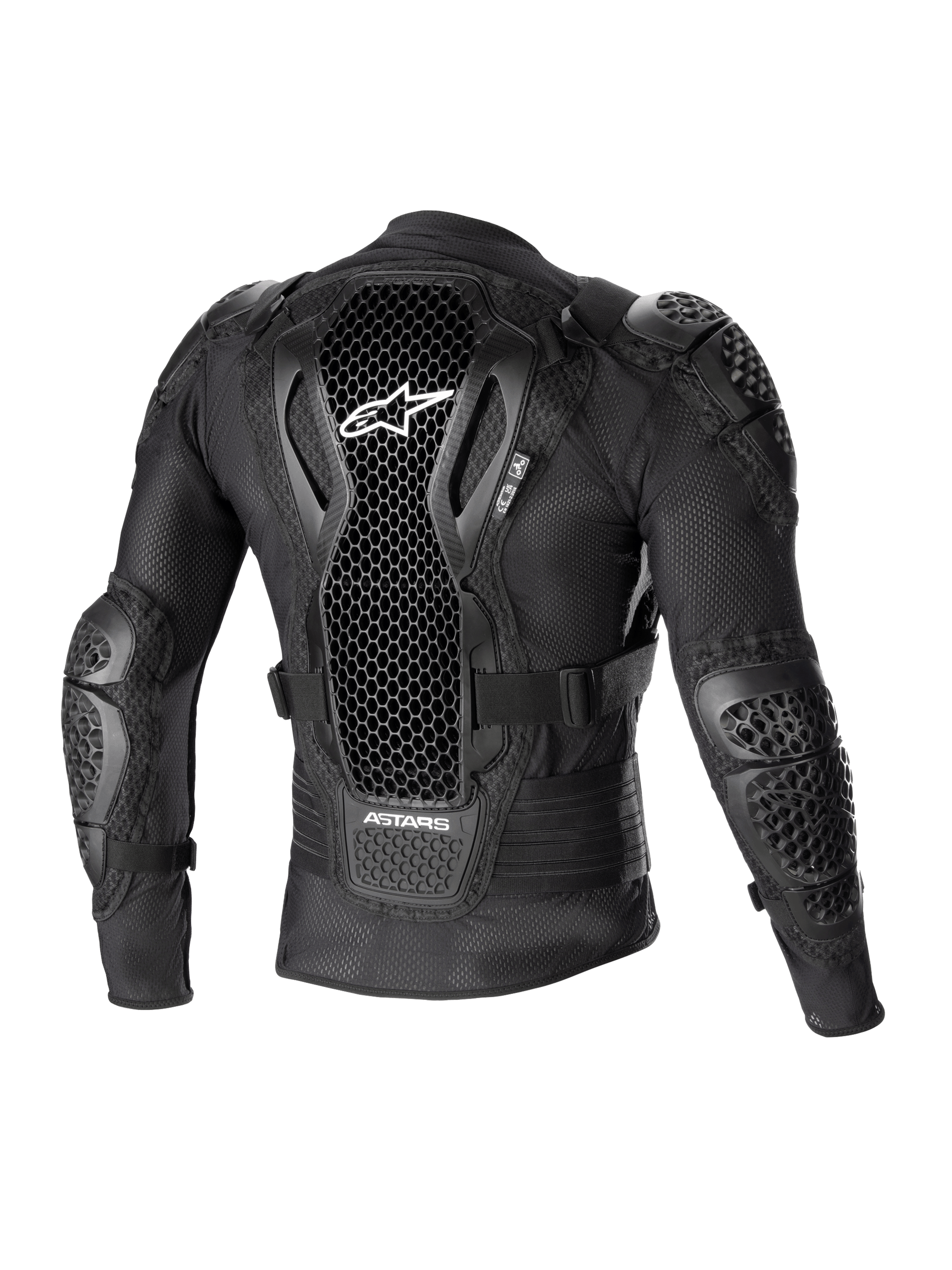Chaqueta de protección Alpinestars Bionic Action V2, vista trasera, negro, con protector de espalda de tecnología Cell perforado con logotipo blanco, construcción de malla con protecciones integradas en hombros y codos, diseñada para protección en motocross y off-road